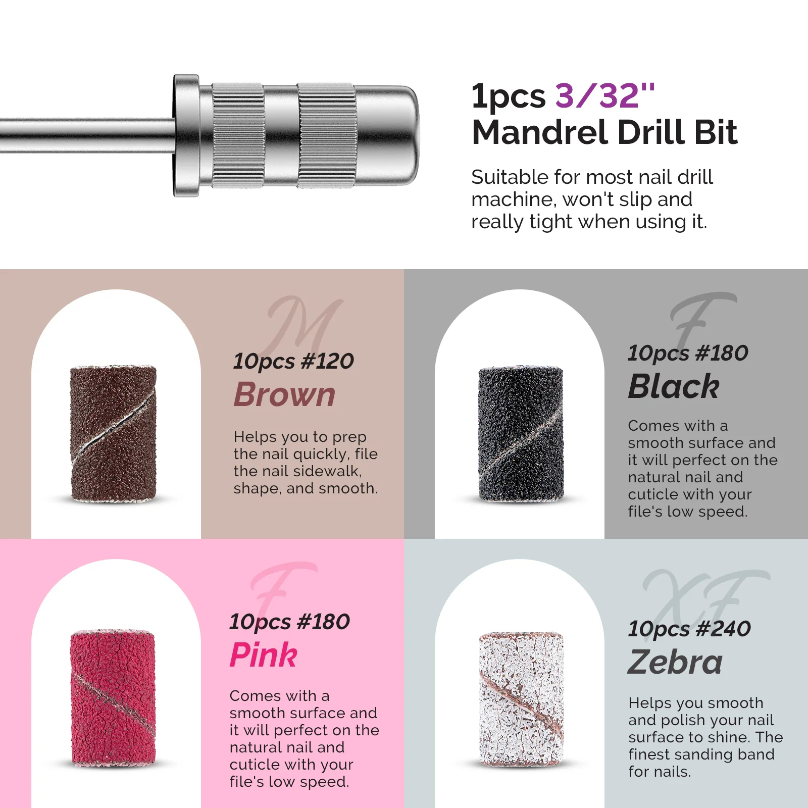 10Pcs Diamond Nail Drill Bit Set with 40Pcs Sanding Bands (#120#180#240 Grits) - Image 7