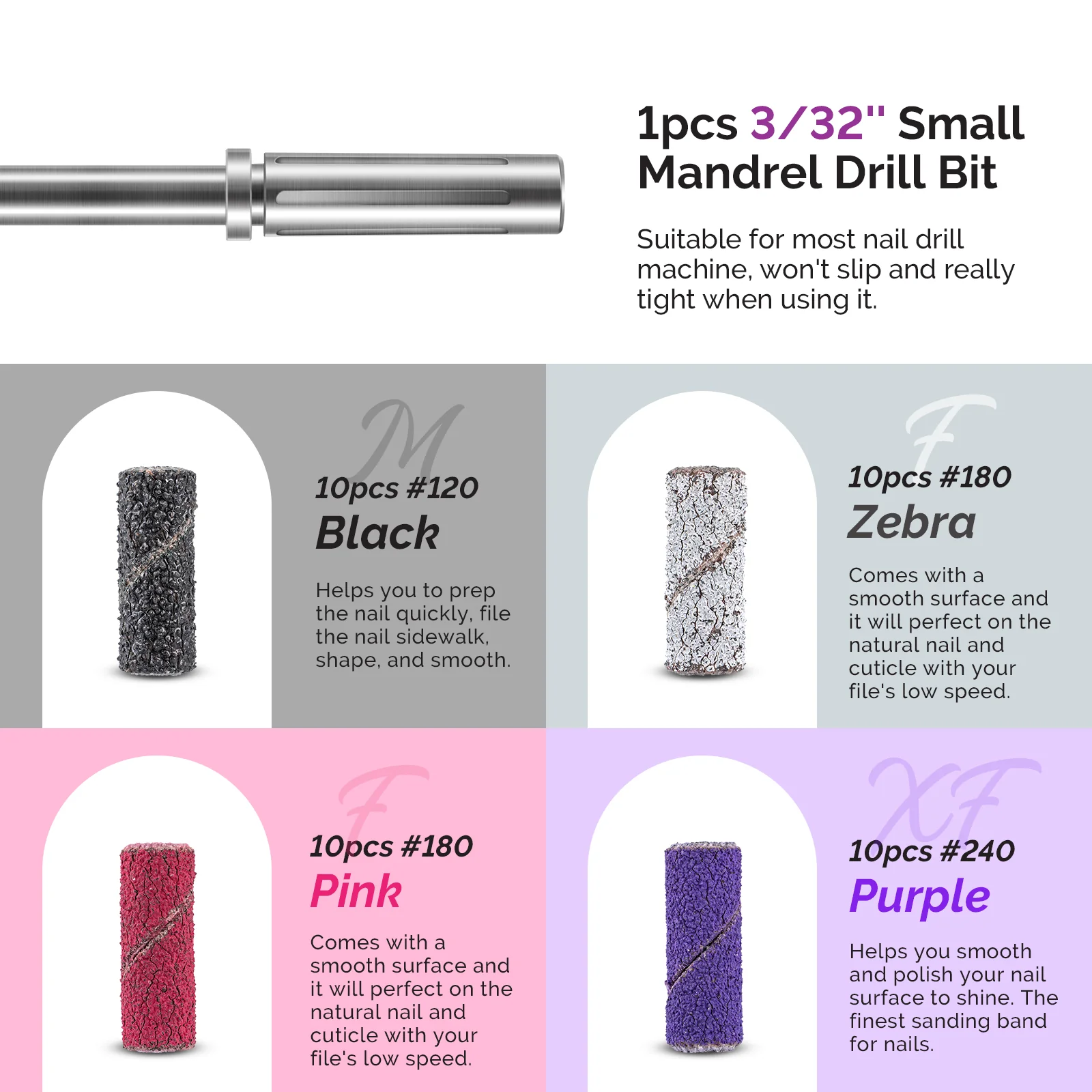10Pcs Diamond Nail Drill Bit Set with 40Pcs Sanding Bands (#120#180#240 Grits) - Image 8