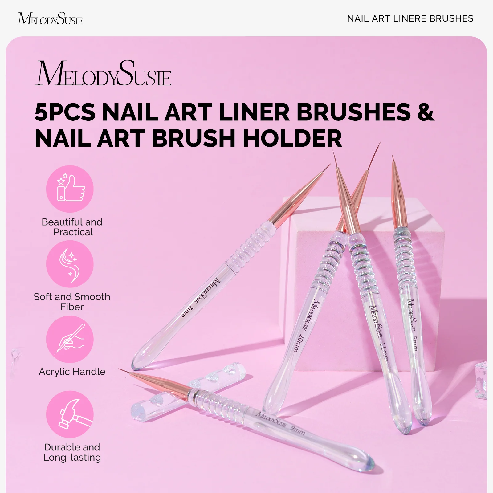 5Pcs Nail Art Liner Brushes with Nail Brush Holder - Sizes 5/7/9/11/20mm - Image 4