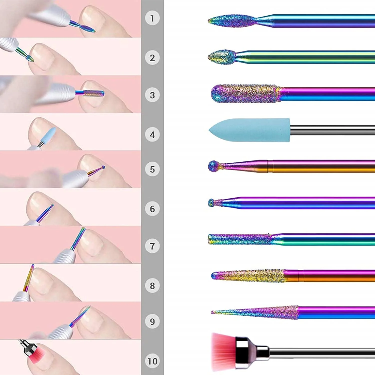Colorful Diamond Cuticle Nail Drill Bits Set 10Pcs - Image 3