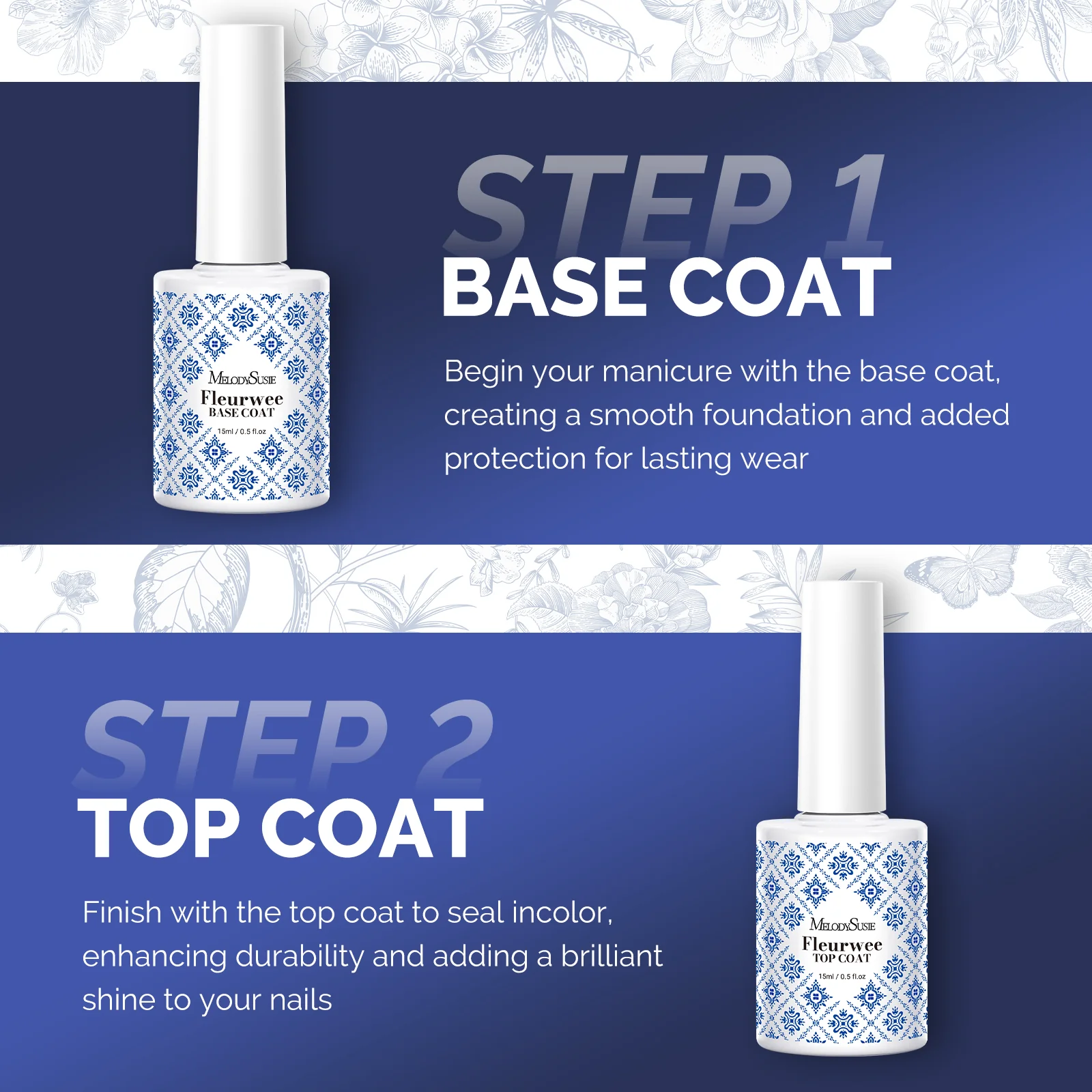 Fleurwee 15ml Top & Base Coat - HEMA-Free & HPMA-Free & TPO-Free Nail Gel Polish - Image 2