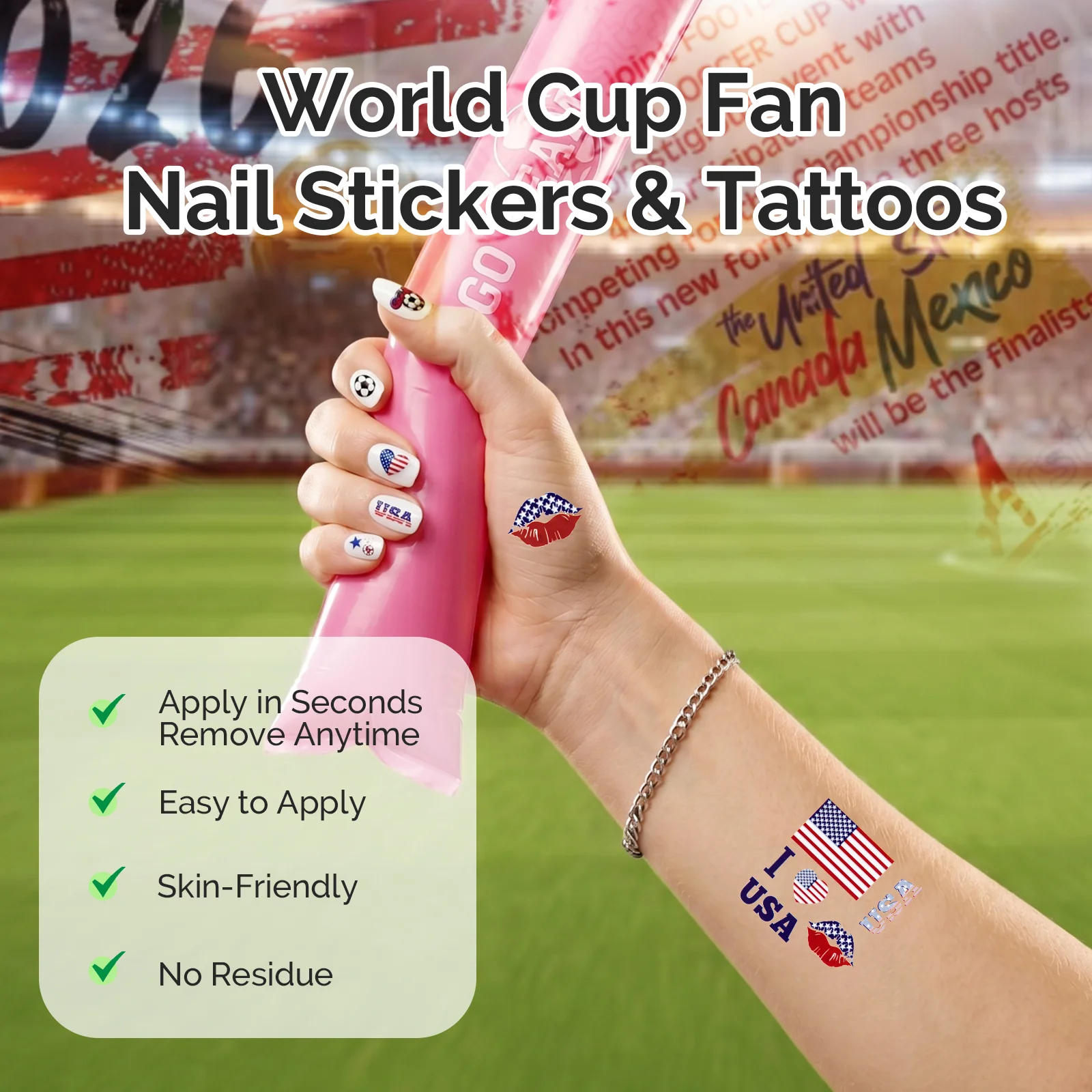 Gameday FanGlow Kit with World Cup Soccer Flag Nail Strips & Face Temporary Tattoos - Image 5