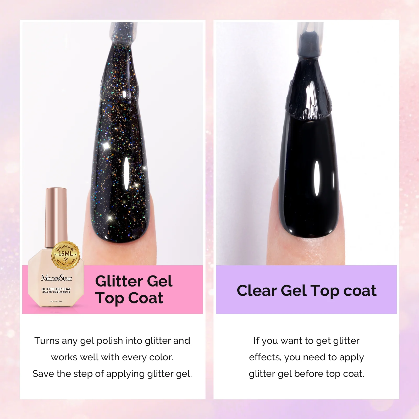 Glitter Gel Top Coat - No Wipe Reflective Iridescent Glitter Top Coat 15ml 0.5fl oz - Image 3