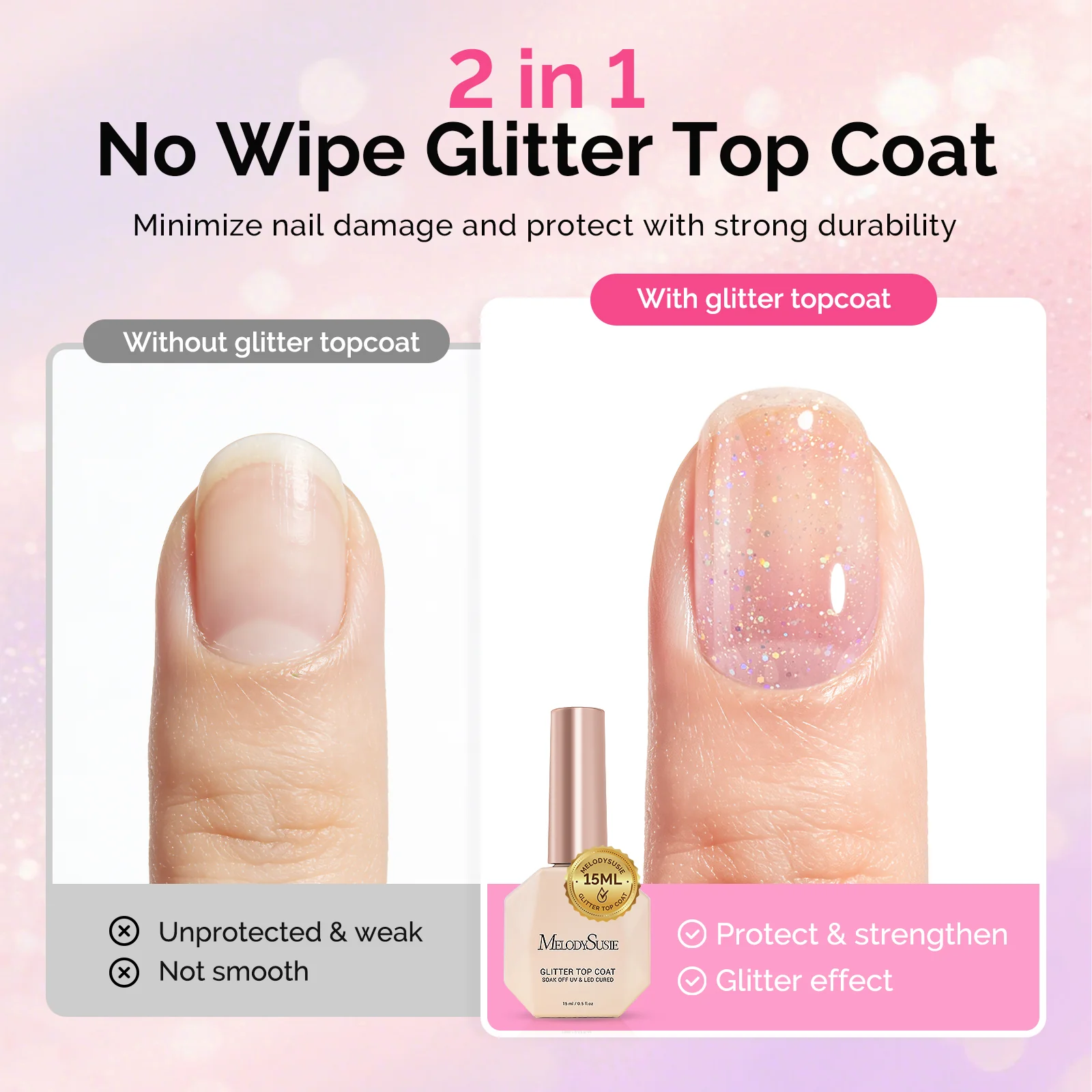 Glitter Gel Top Coat - No Wipe Reflective Iridescent Glitter Top Coat 15ml 0.5fl oz - Image 6