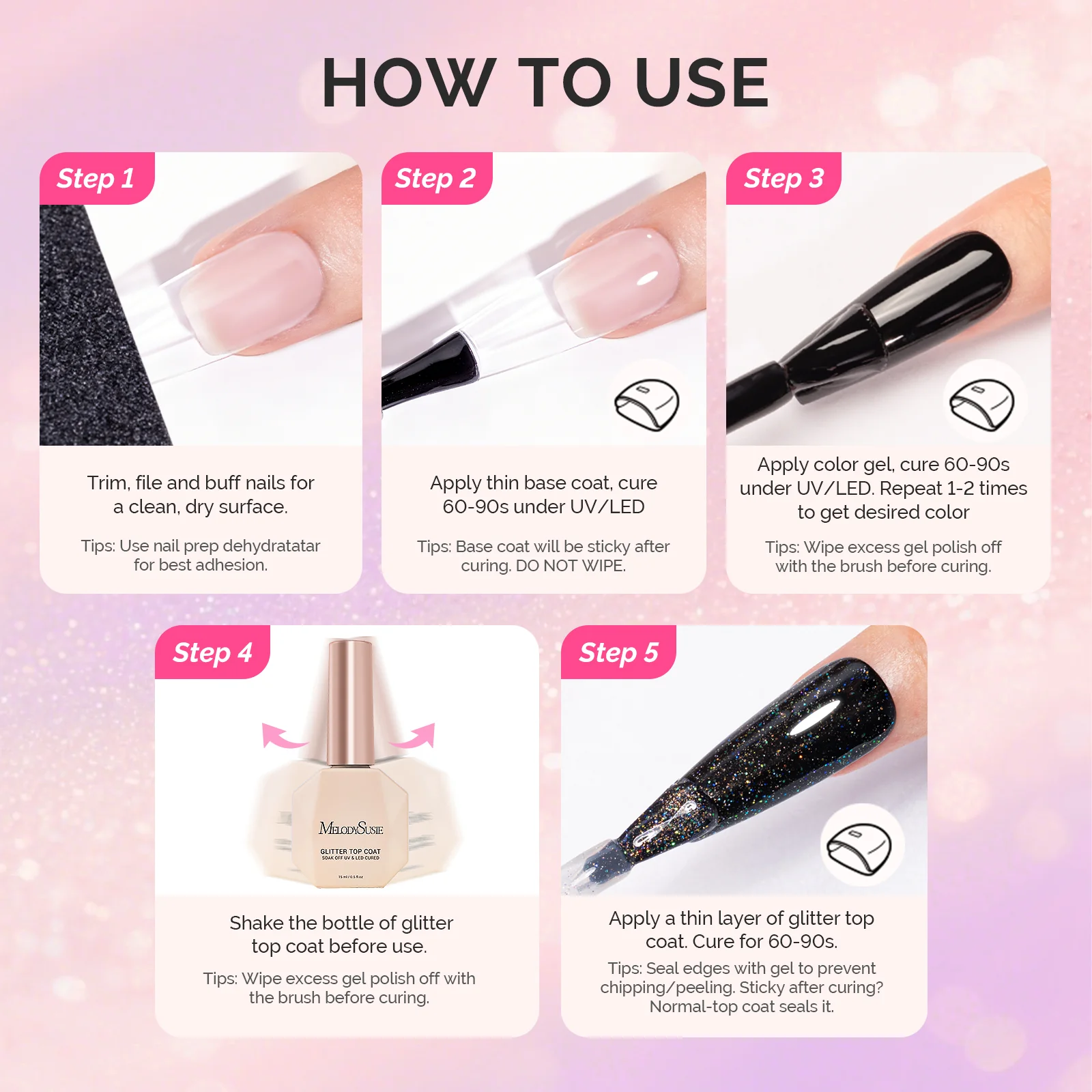 Glitter Gel Top Coat - No Wipe Reflective Iridescent Glitter Top Coat 15ml 0.5fl oz - Image 8