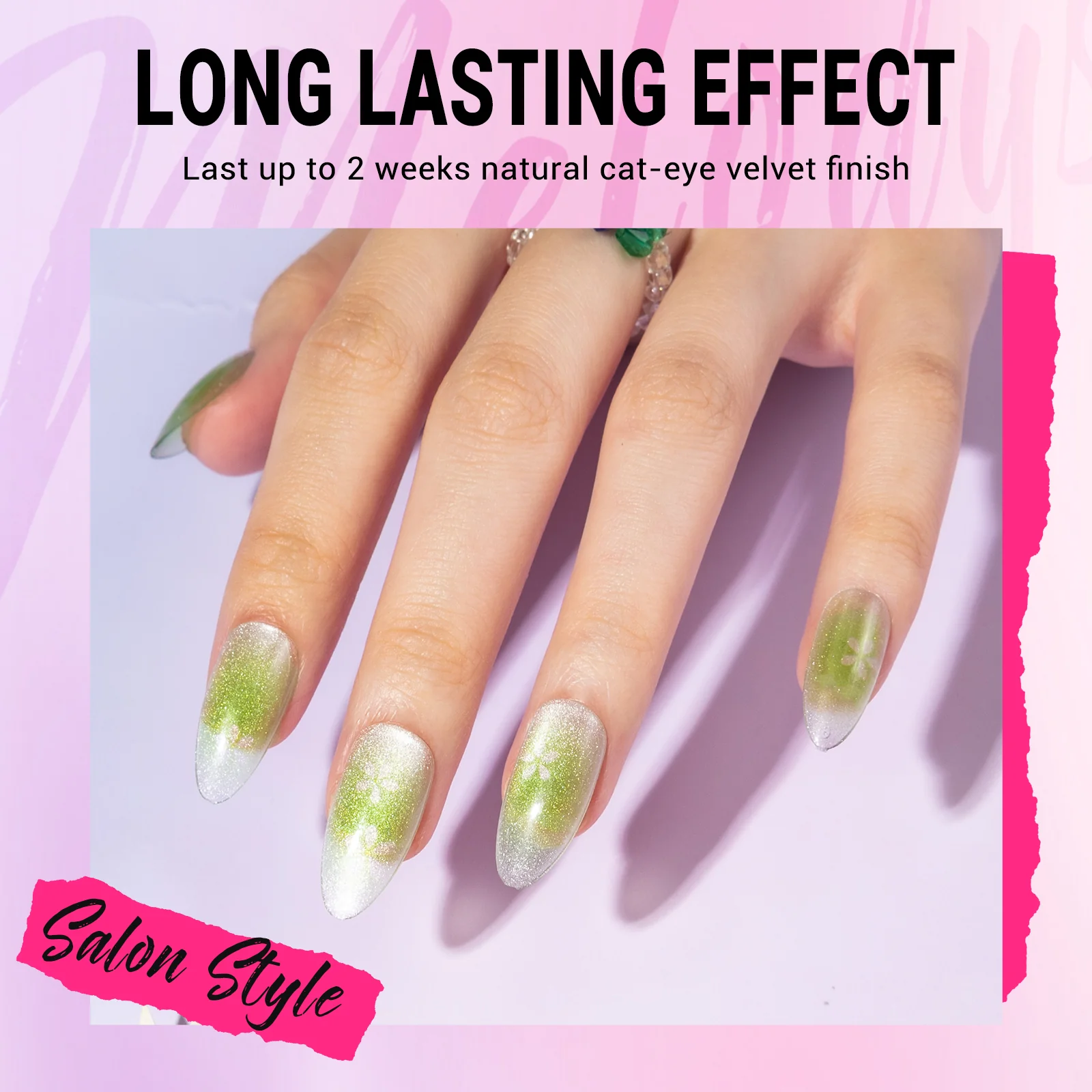 Green Flowers Cat Eye Press On Nails Kit - US ONLY - Image 2