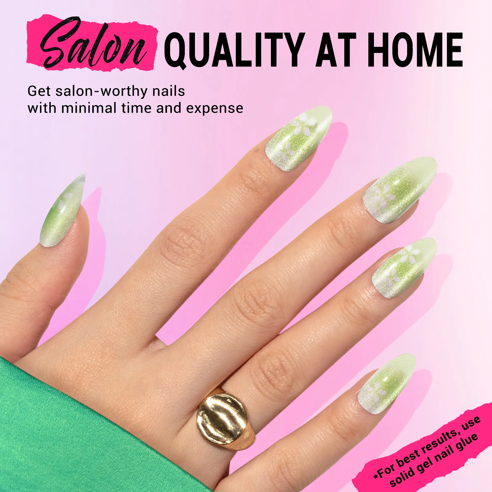 Green Flowers Cat Eye Press On Nails Kit - US ONLY - Image 4