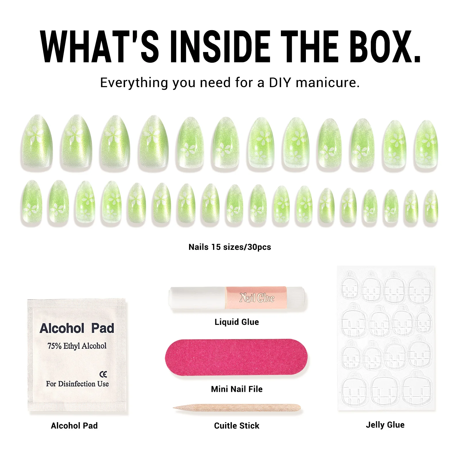 Green Flowers Cat Eye Press On Nails Kit - US ONLY - Image 5