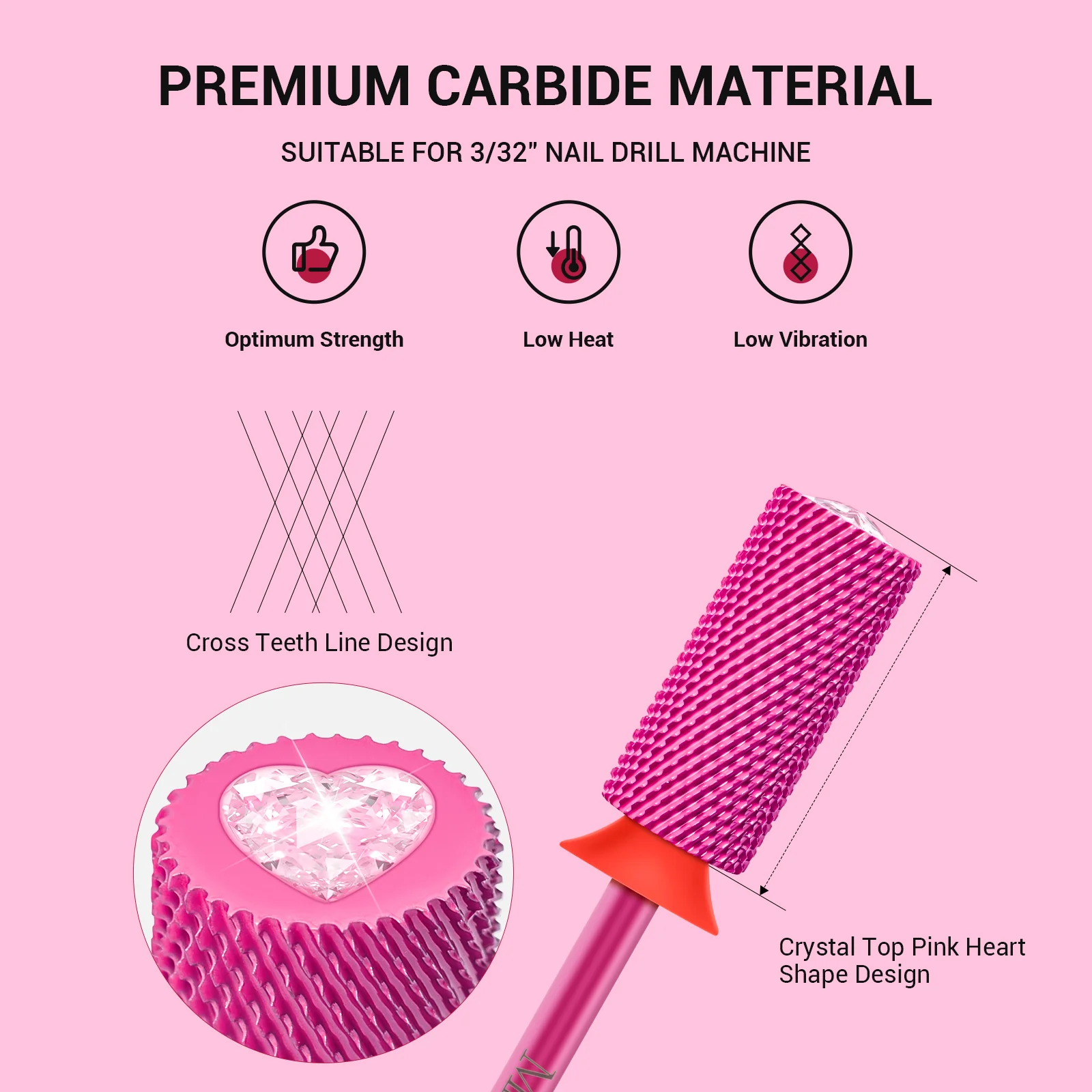 Large Barrel Tungsten Carbide Nail Drill Bit, Crystal Top  Heart Shape - Image 2