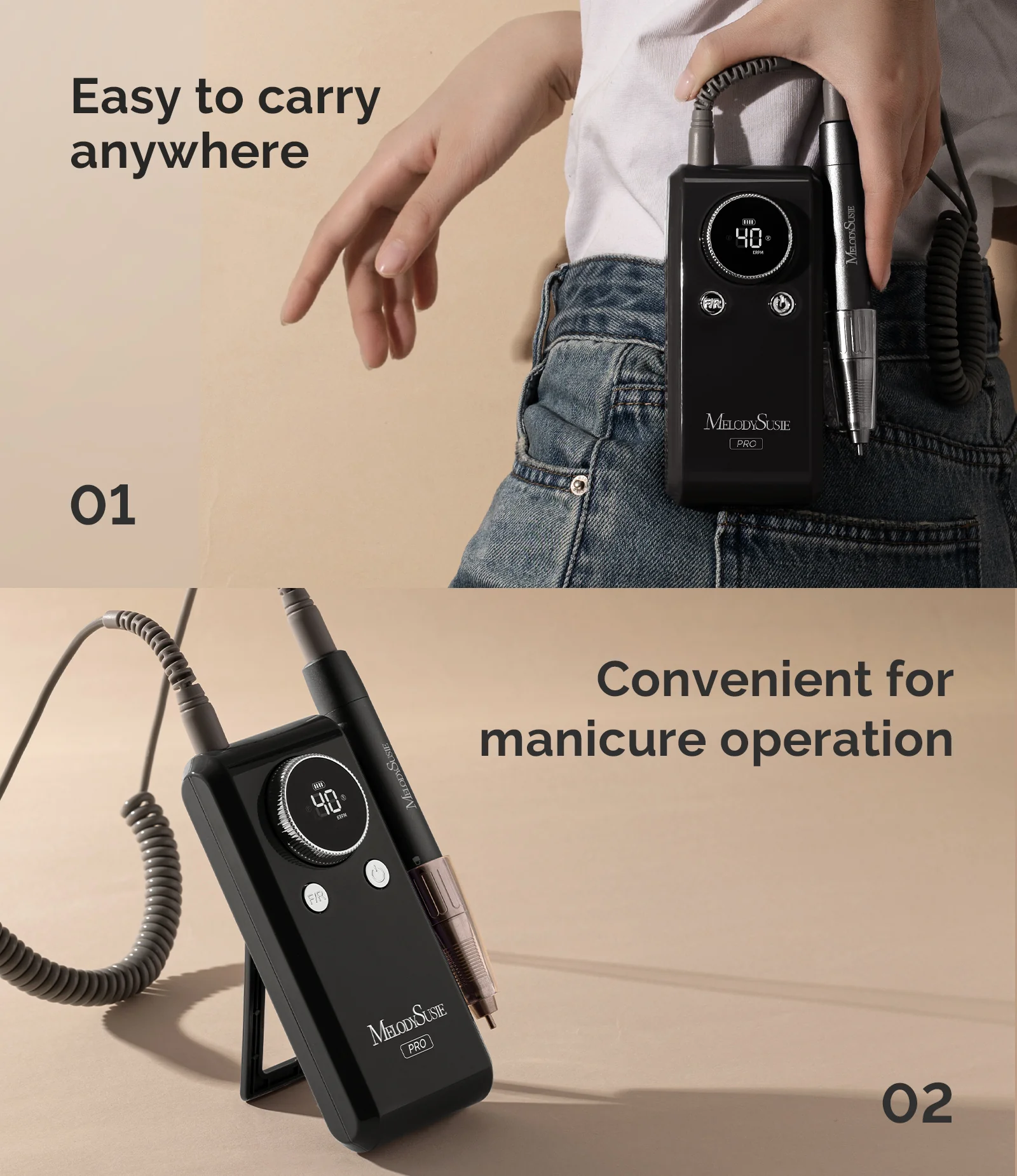 MB420G Clip-On Professional Rechargeable 2-in-1 Nail Drill with Built-In Stand 40,000RPM - Black - Image 3