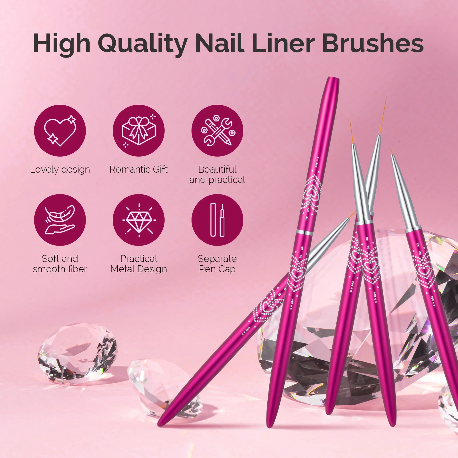 Nail Art Liner Brushes 5Pcs - Rose Pink - Image 2