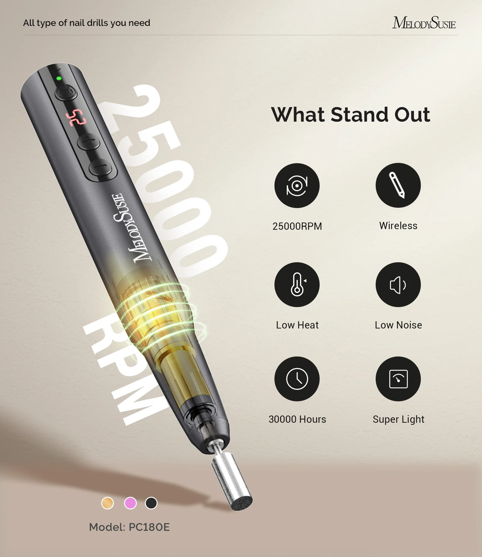 PC180E Pen-Shaped Rechargeable Nail Drill 25,000RPM - Black - Image 2