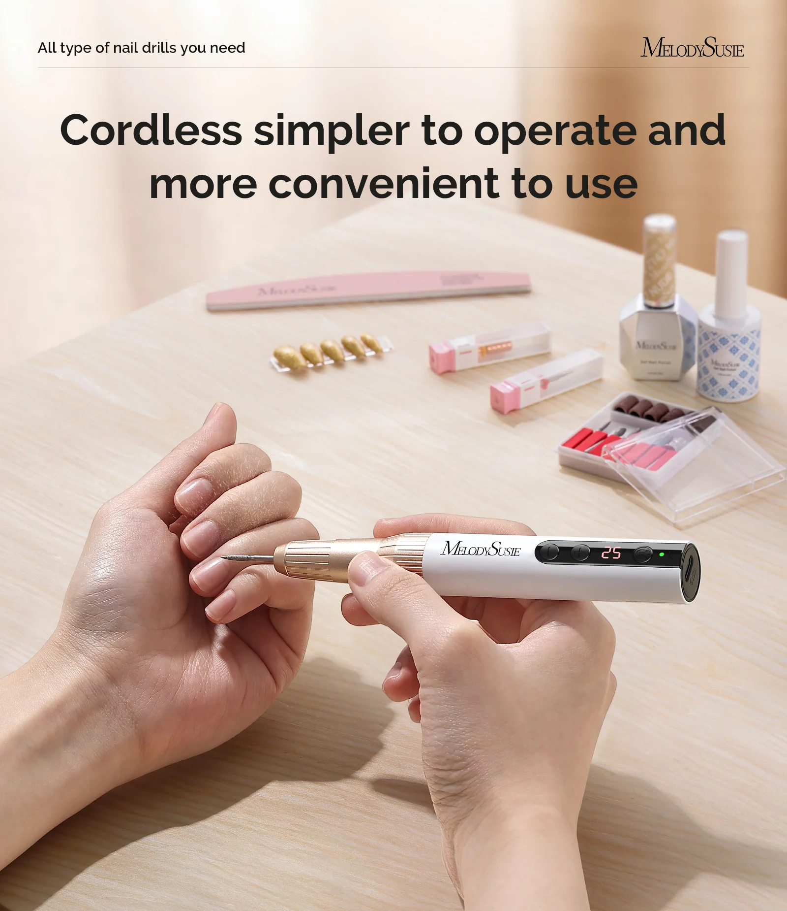 PC180E Pen-Shaped Rechargeable Nail Drill 25,000RPM - White Gold - Image 3