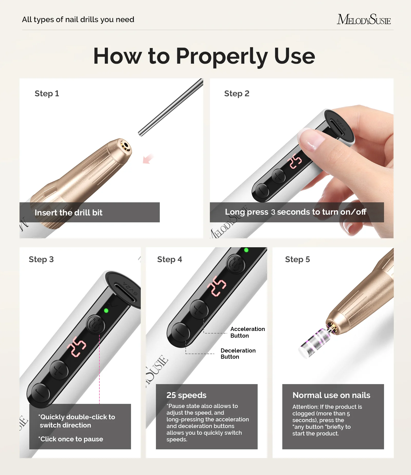 PC180E Pen-Shaped Rechargeable Nail Drill 25,000RPM - White Gold - Image 7