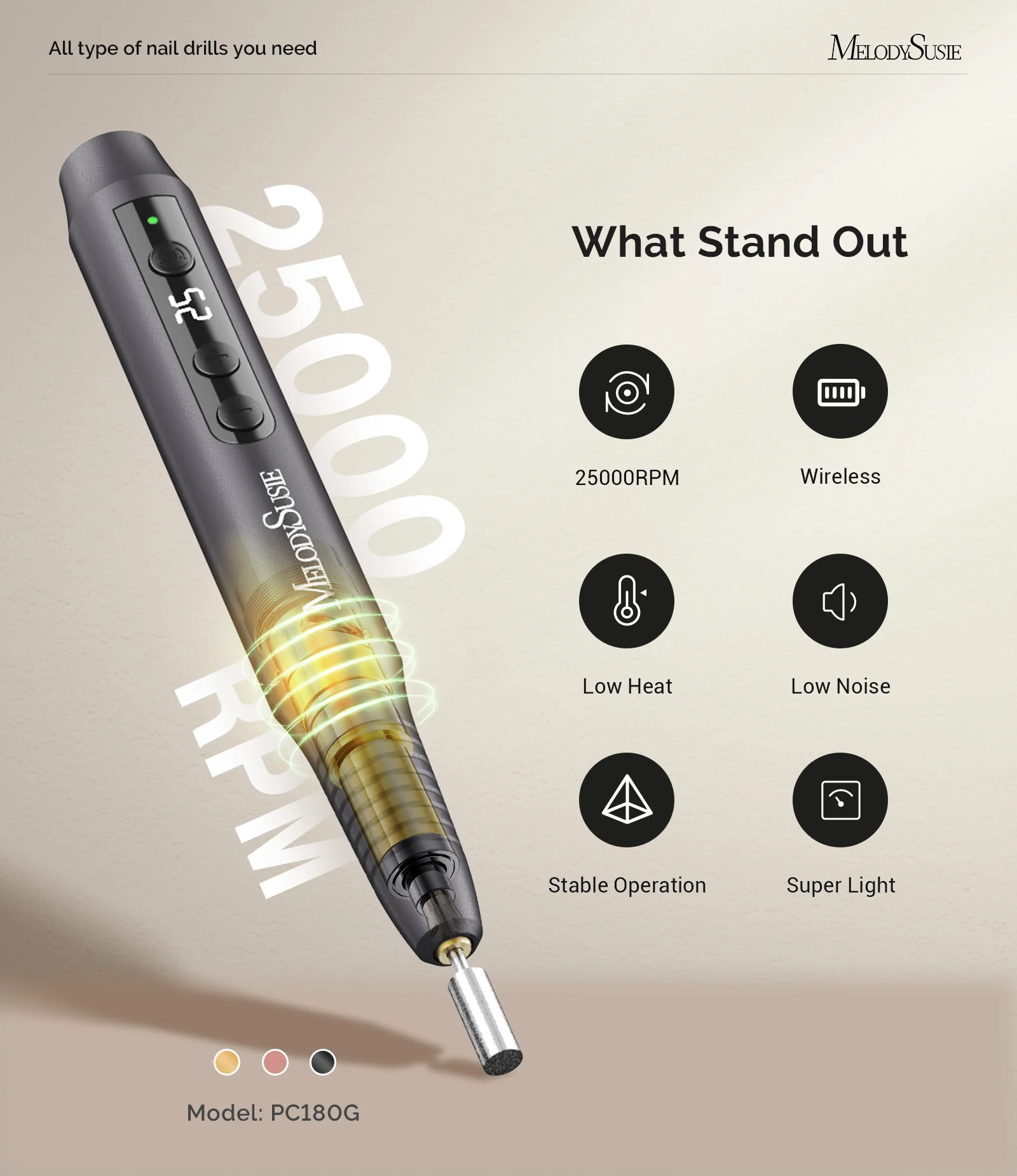 PC180G Pen-Shaped Rechargeable Nail Drill 25,000RPM - Black - Image 7