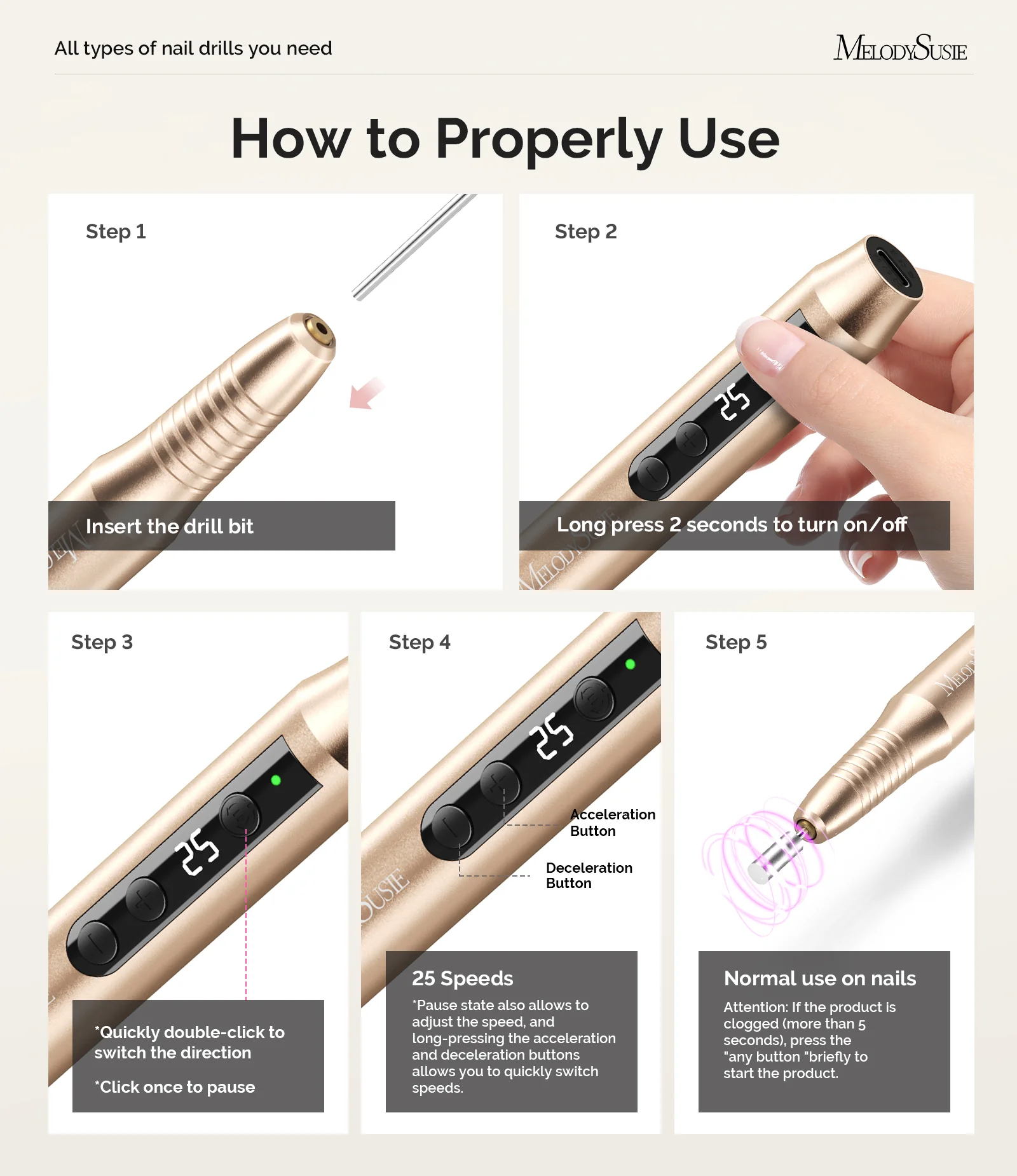PC180G Pen-Shaped Rechargeable Nail Drill 25,000RPM - Gold - Image 4
