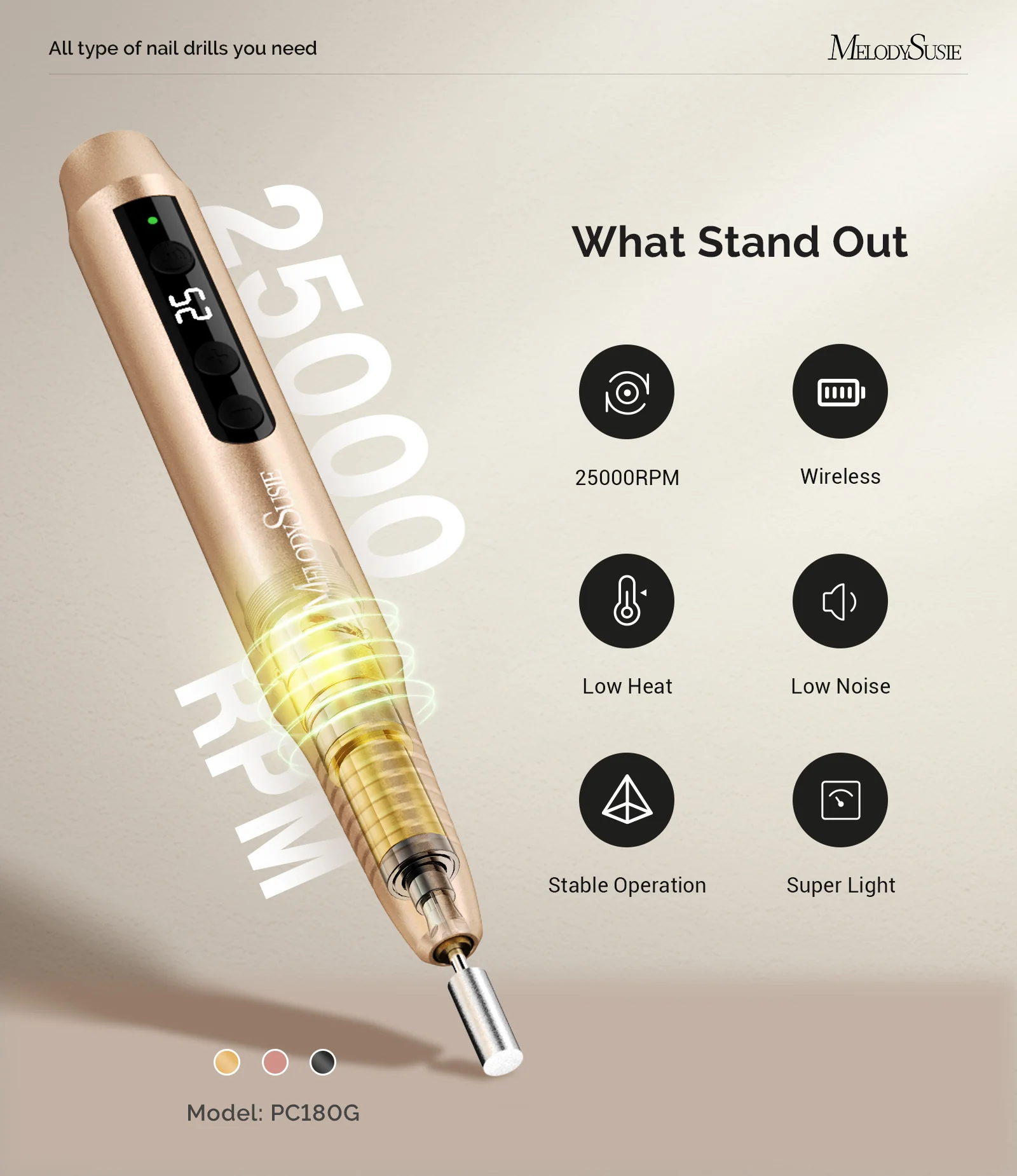 PC180G Pen-Shaped Rechargeable Nail Drill 25,000RPM - Gold - Image 7