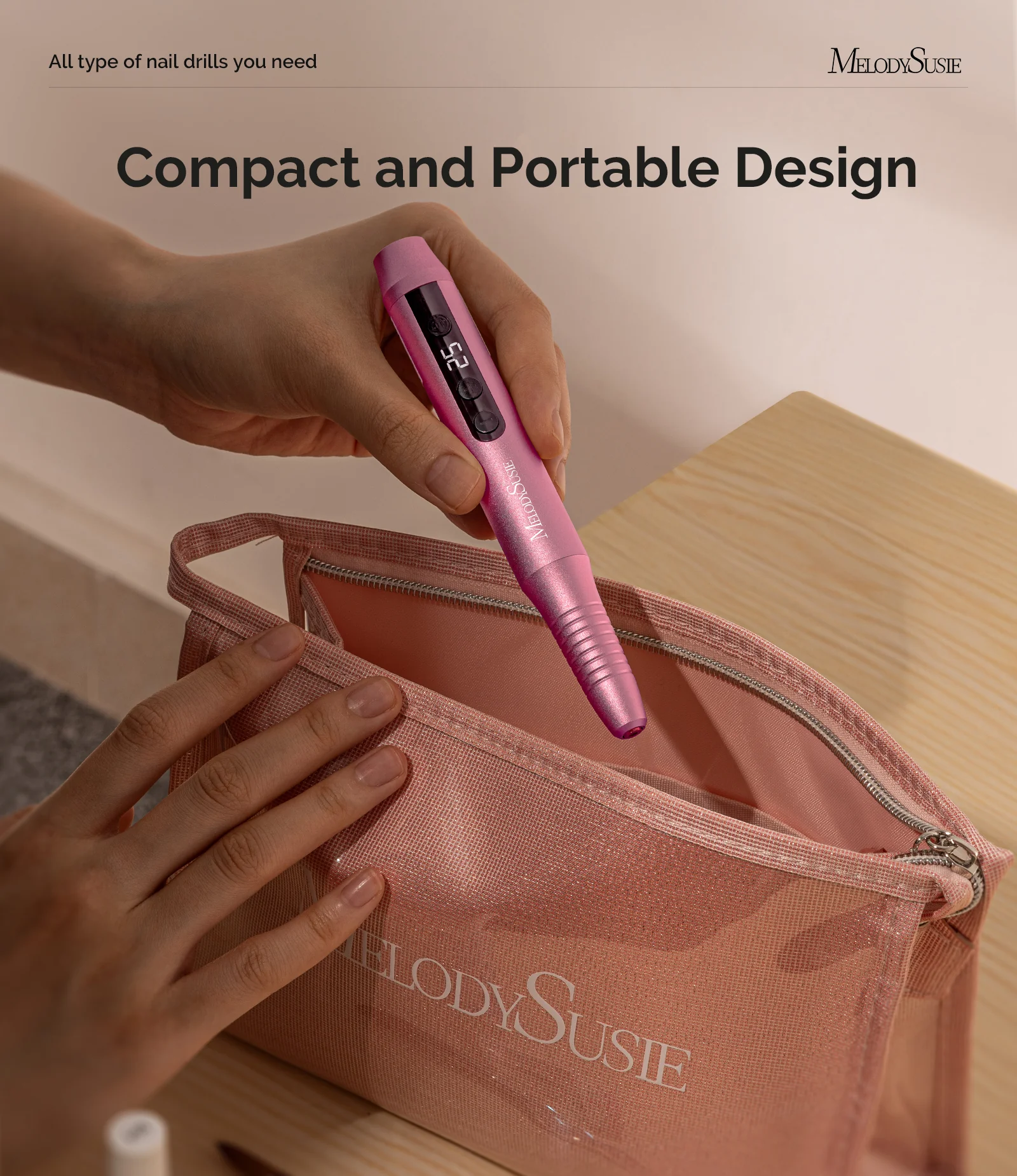 PC180G Pen-Shaped Rechargeable Nail Drill 25,000RPM - Rose Gold - Image 3