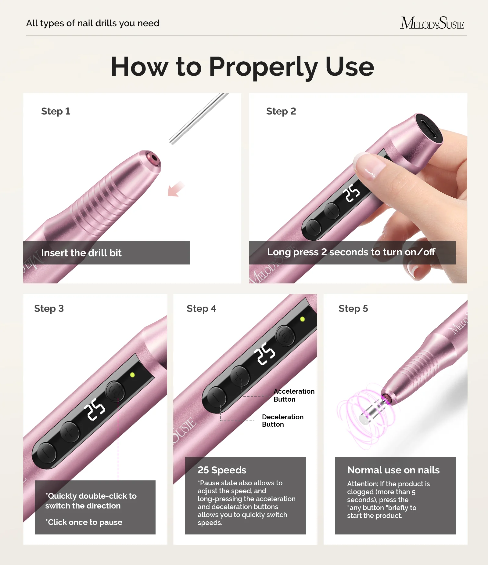 PC180G Pen-Shaped Rechargeable Nail Drill 25,000RPM - Rose Gold - Image 4
