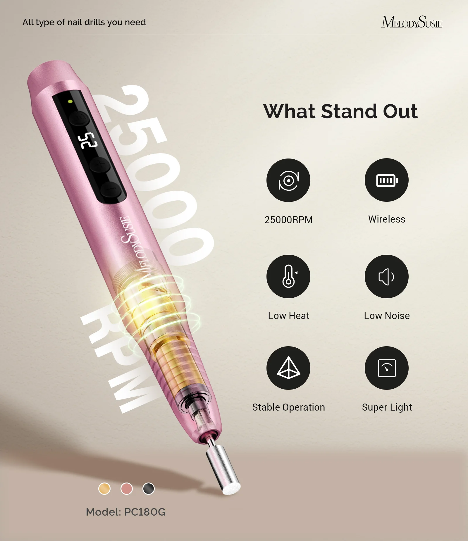PC180G Pen-Shaped Rechargeable Nail Drill 25,000RPM - Rose Gold - Image 7