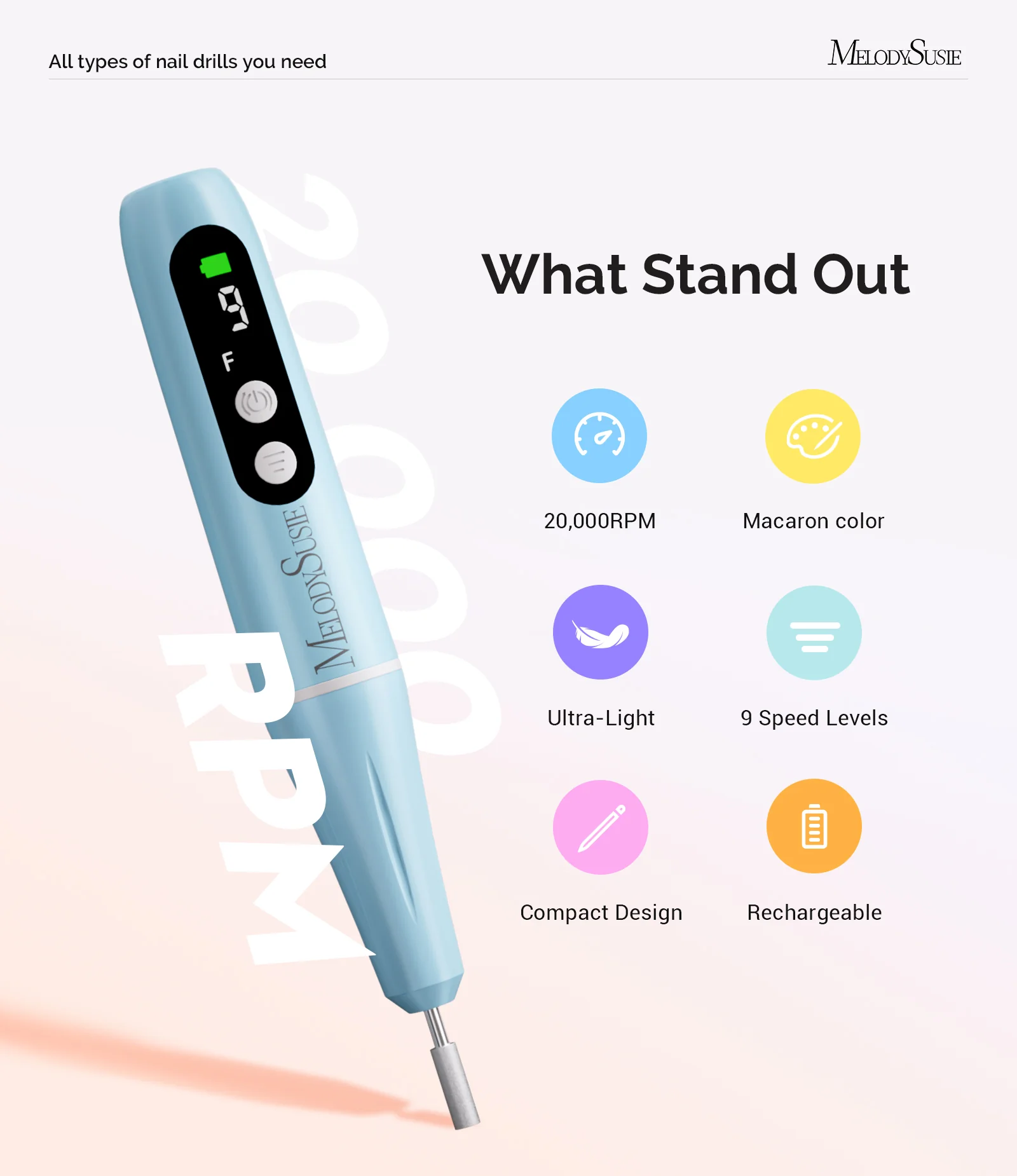 PC90G Pen-Shaped Portable Rechargeable Nail Drill 20,000RPM - Blue - Image 2