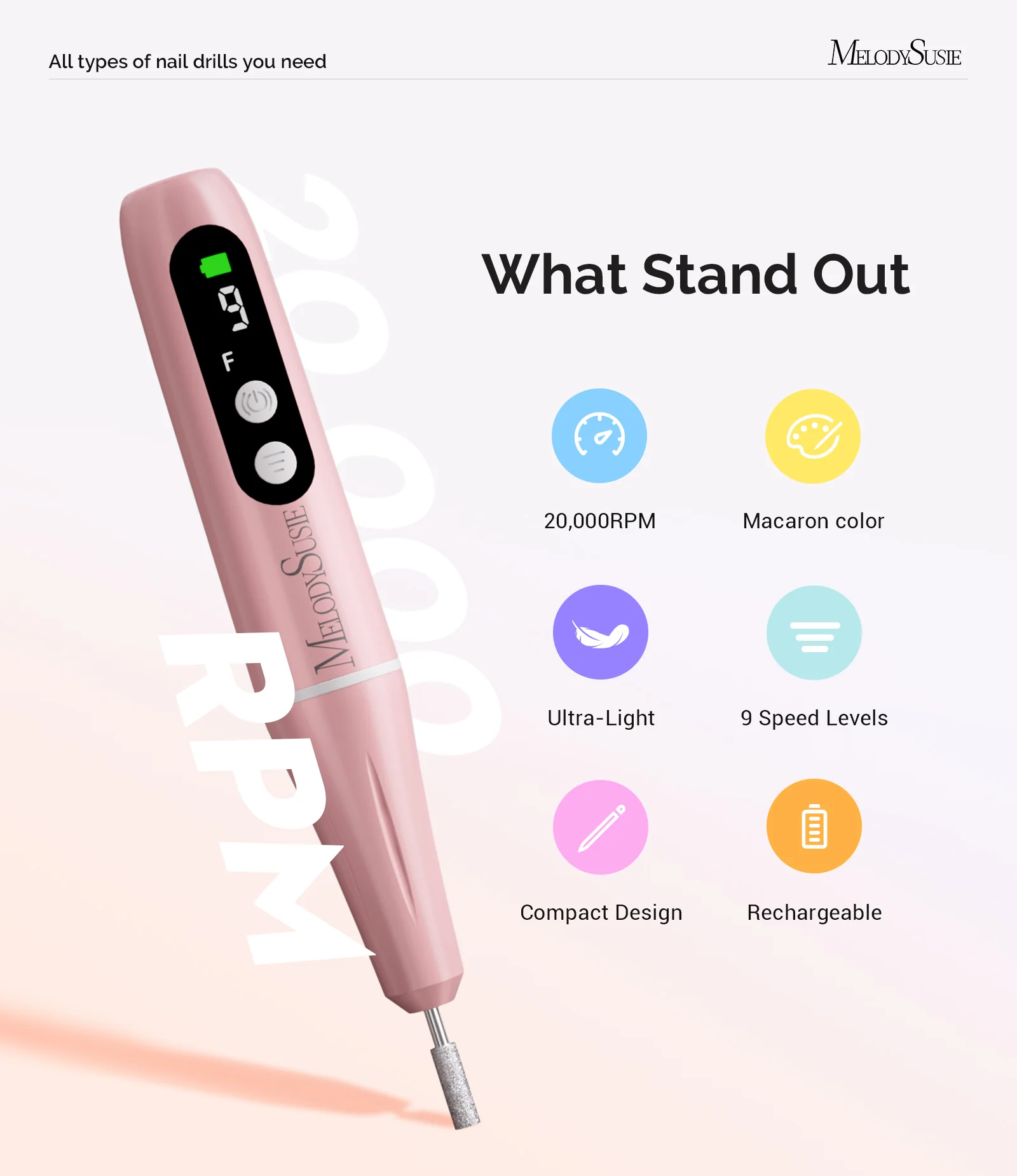 PC90G Pen-Shaped Portable Rechargeable Nail Drill 20,000RPM - Pink - Image 2