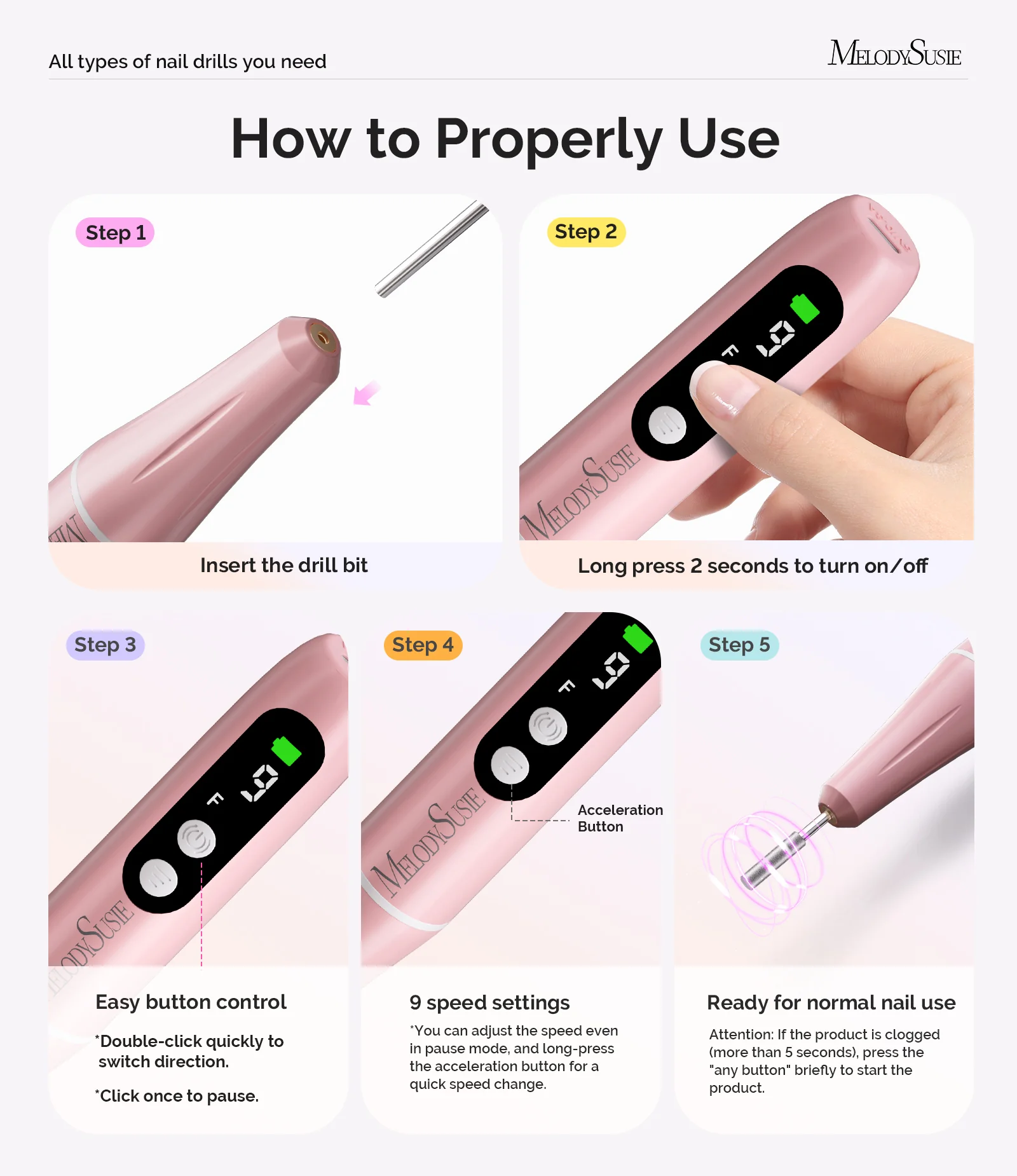 PC90G Pen-Shaped Portable Rechargeable Nail Drill 20,000RPM - Pink - Image 4