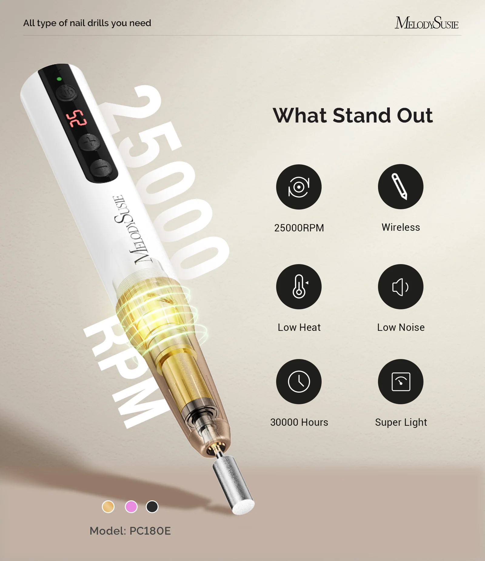PC180E Pen-Shaped Rechargeable Nail Drill 25,000RPM - White Gold - Image 2