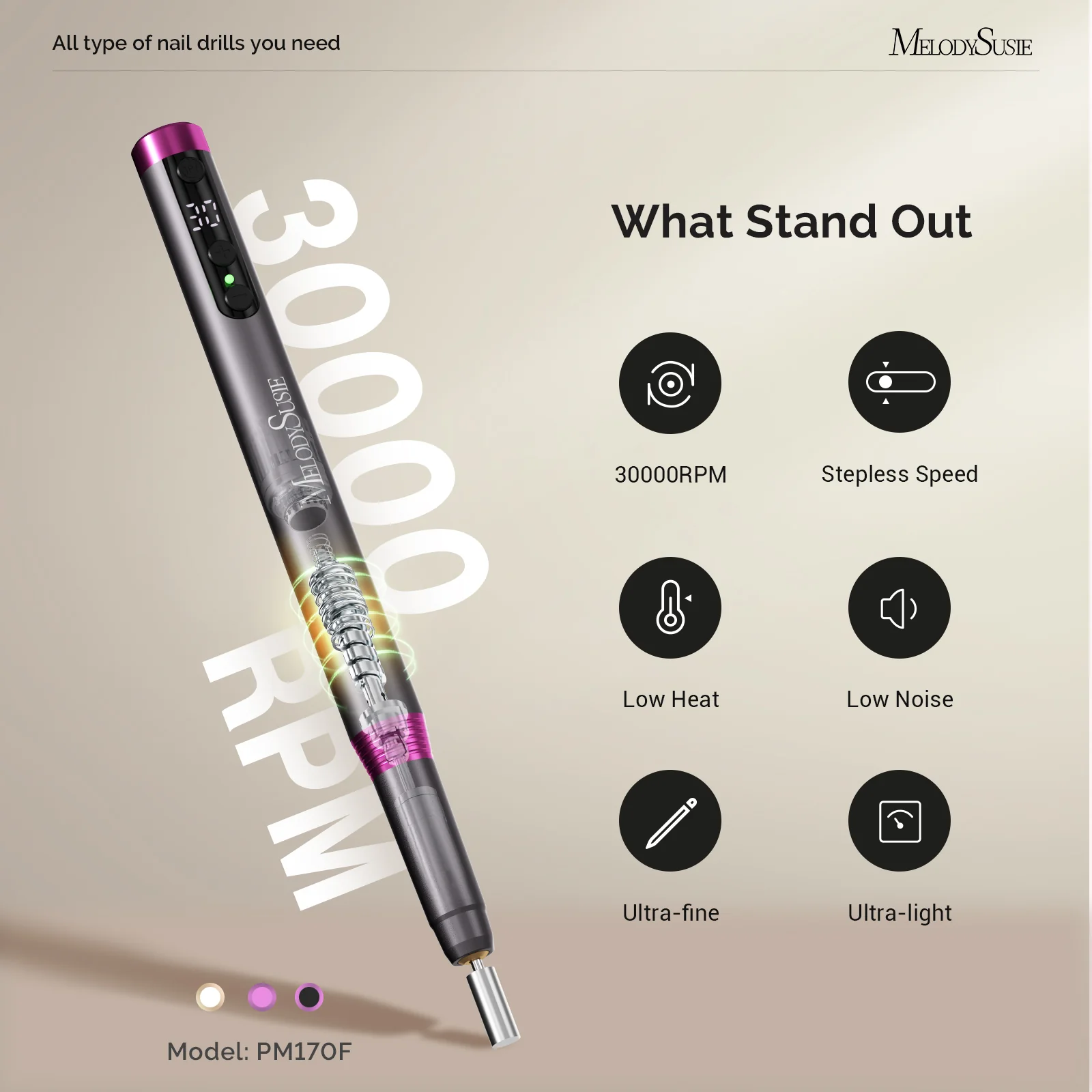 PM170F Pen-Shaped Ultra-Slim Rechargeable Nail Drill 30,000RPM - Black - Image 2