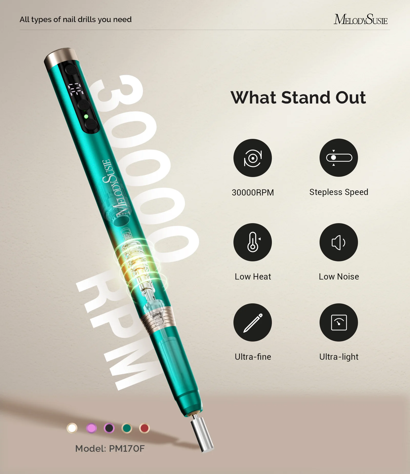 PM170F Pen-Shaped Ultra-Slim Rechargeable Nail Drill 30,000RPM - Green - Image 8