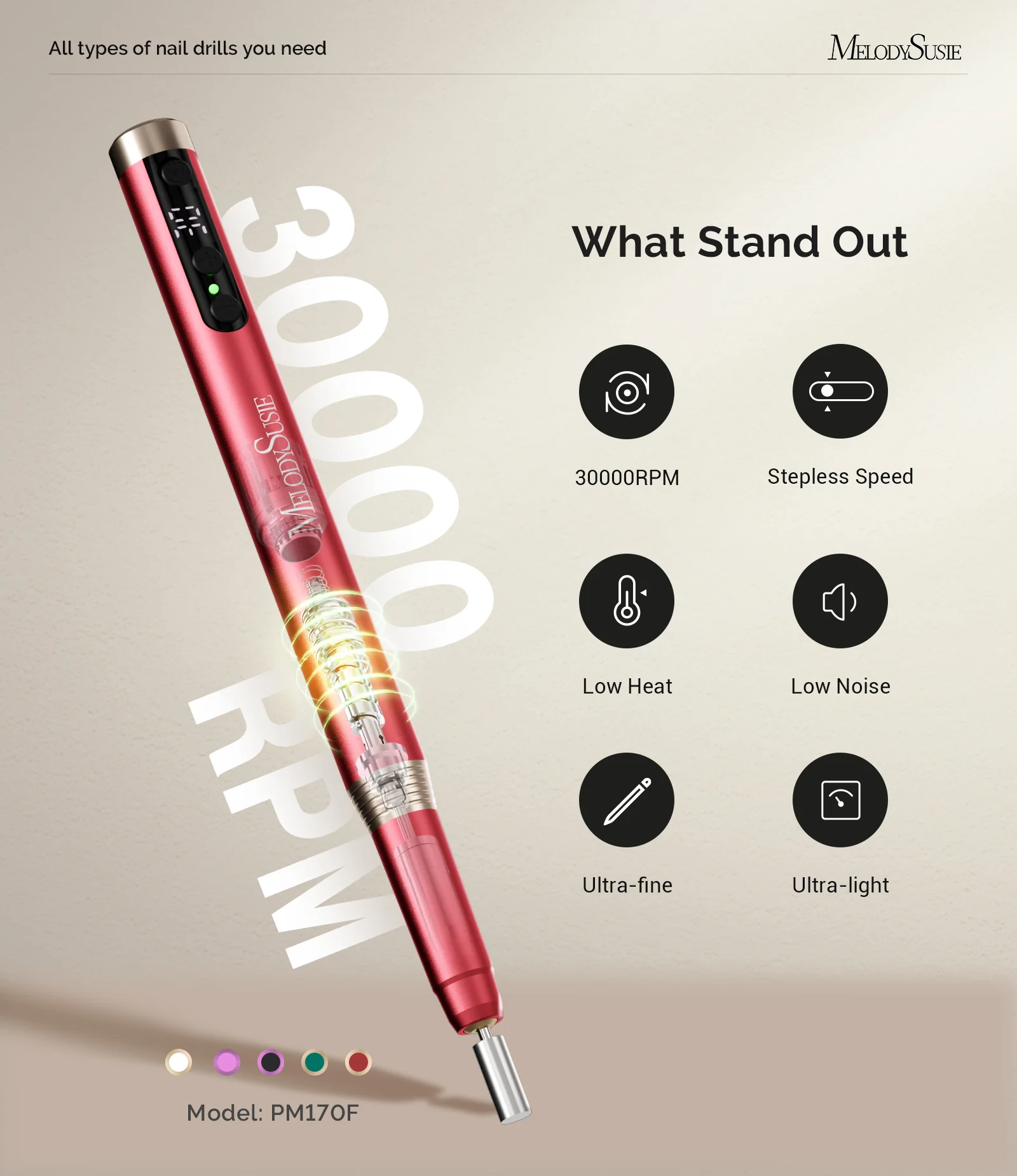 PM170F Pen-Shaped Ultra-Slim Rechargeable Nail Drill 30,000RPM - Red - Image 7