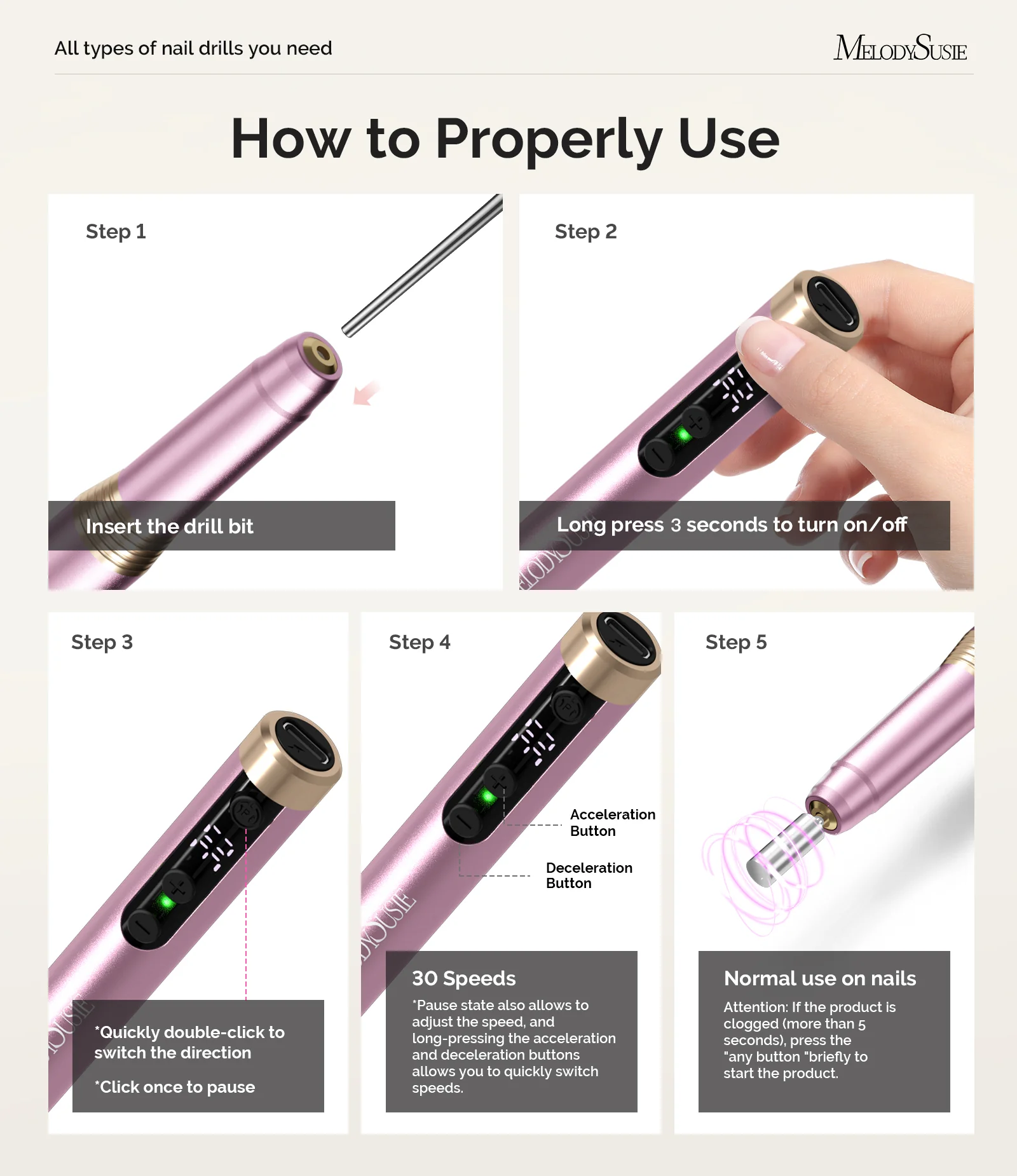 PM170F Pen-Shaped Ultra-Slim Rechargeable Nail Drill 30,000RPM - Rose Gold - Image 14