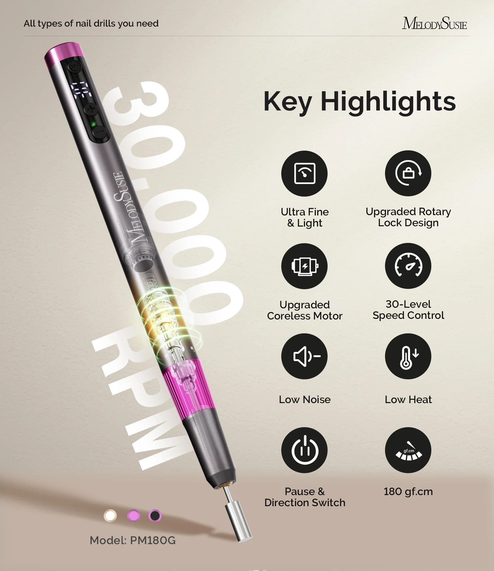 PM180G Pen-Shaped Ultra-Slim Rechargeable Nail Drill 30,000RPM - Black - Image 2