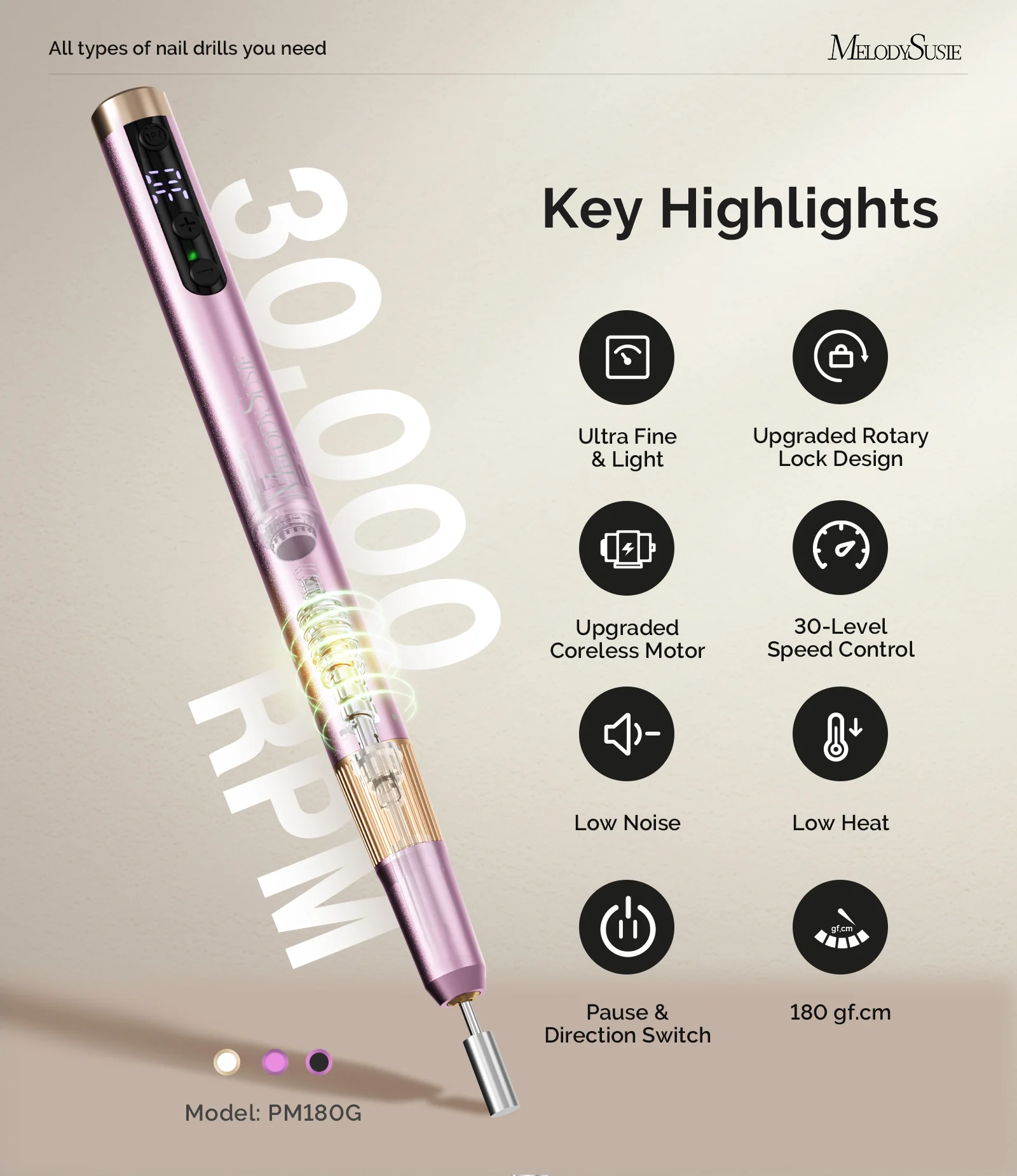 PM180G Pen-Shaped Ultra-Slim Rechargeable Nail Drill 30,000RPM - Pink - Image 2
