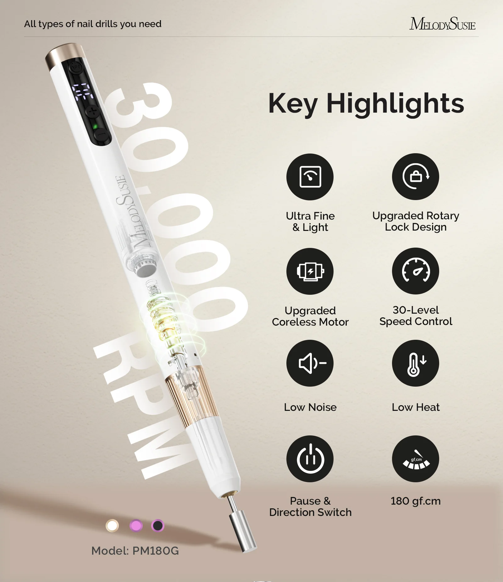 PM180G Pen-Shaped Ultra-Slim Rechargeable Nail Drill 30,000RPM - White - Image 2