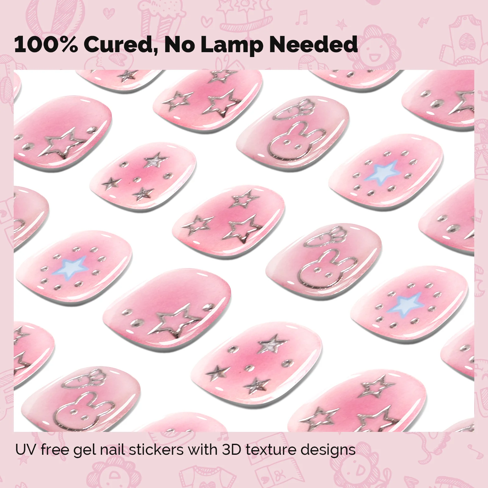 Qcoat Fully Cured Gel Nail Strips for Kids - Pink Starry Sky - Image 2