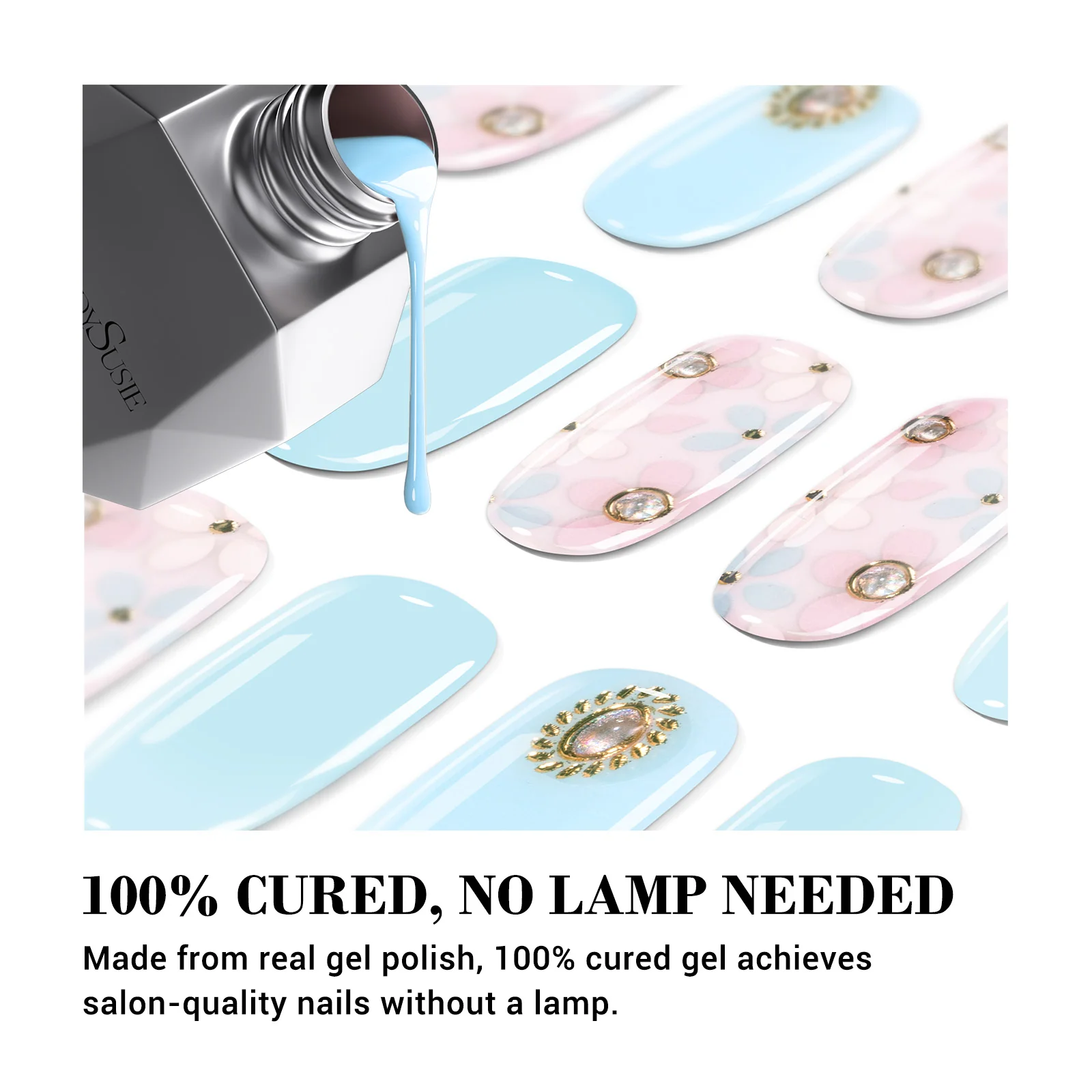Qcoat Fully Cured Gel Nail Strips - Light Blue Crystal Flowers(US ONLY) - Image 2