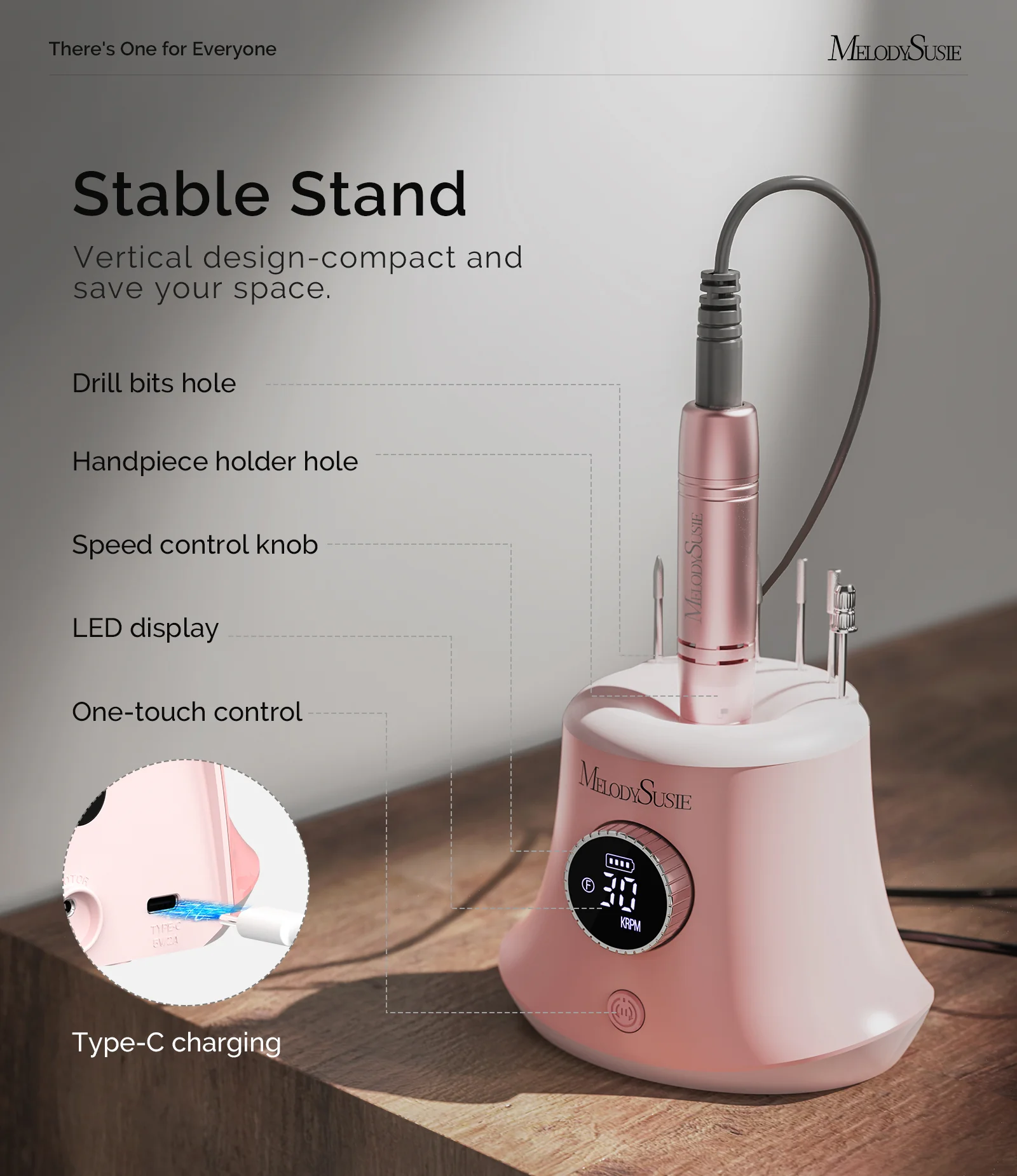 SC320G Desktop Multifunctional Rechargeable Nail Drill 30,000RPM - Pink - Image 4