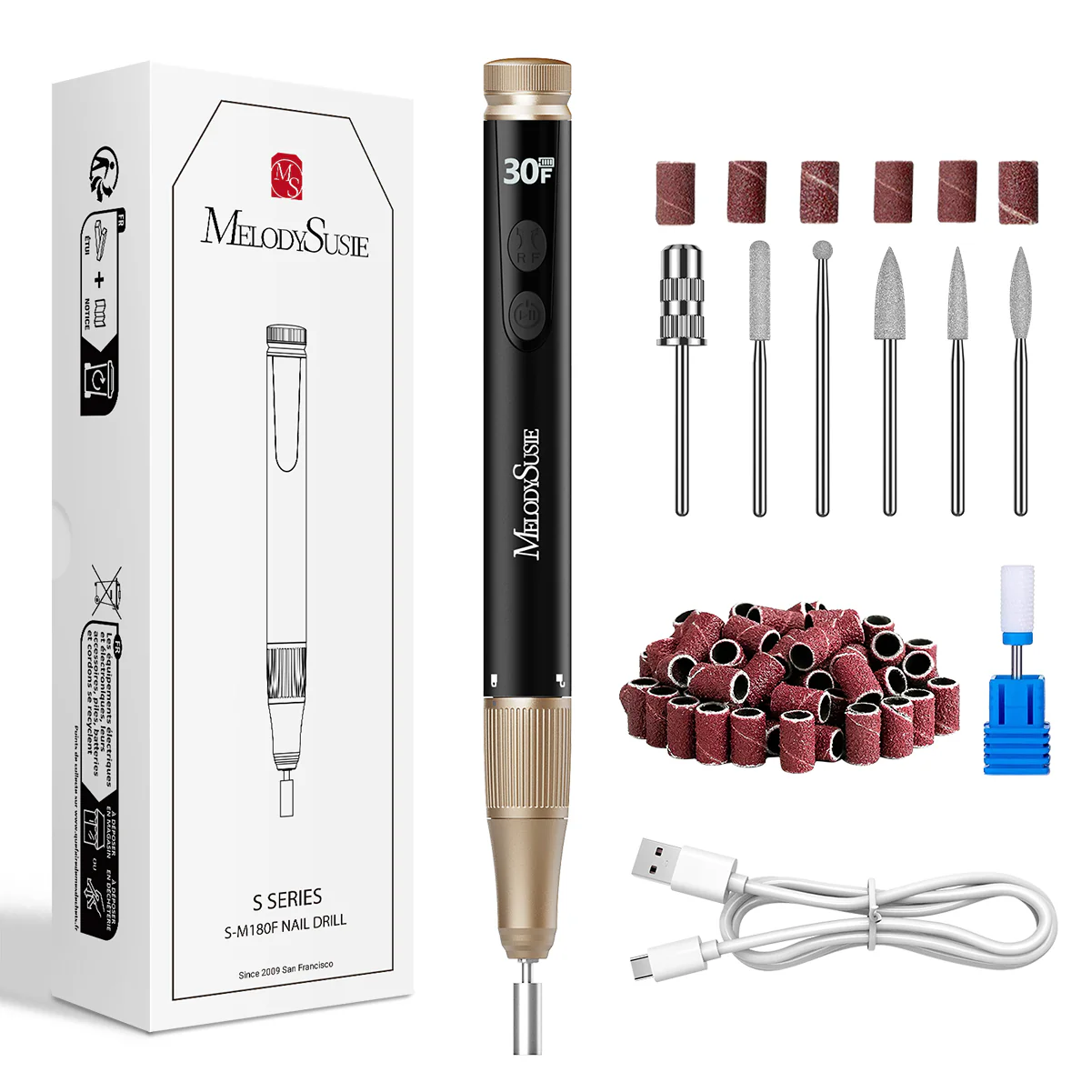 SM180F Pen-Shaped Rechargeable Nail Drill 30,000RPM - Black - Image 2