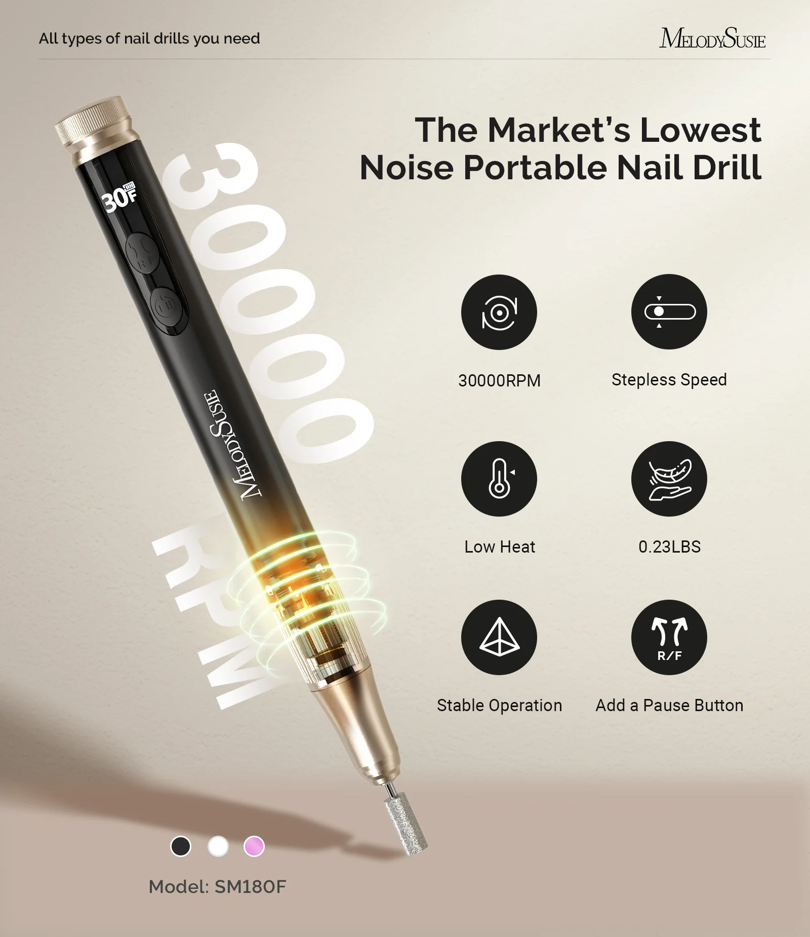 SM180F Pen-Shaped Rechargeable Nail Drill 30,000RPM - Black - Image 3