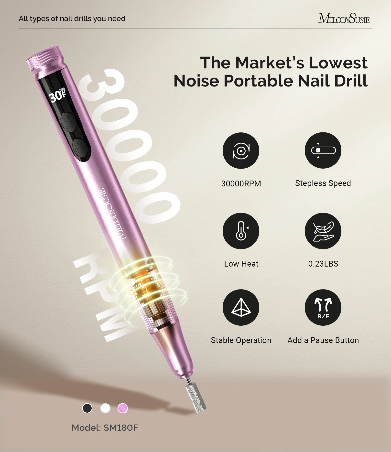 SM180F Pen-Shaped Rechargeable Nail Drill 30,000RPM - Rose Gold - Image 3