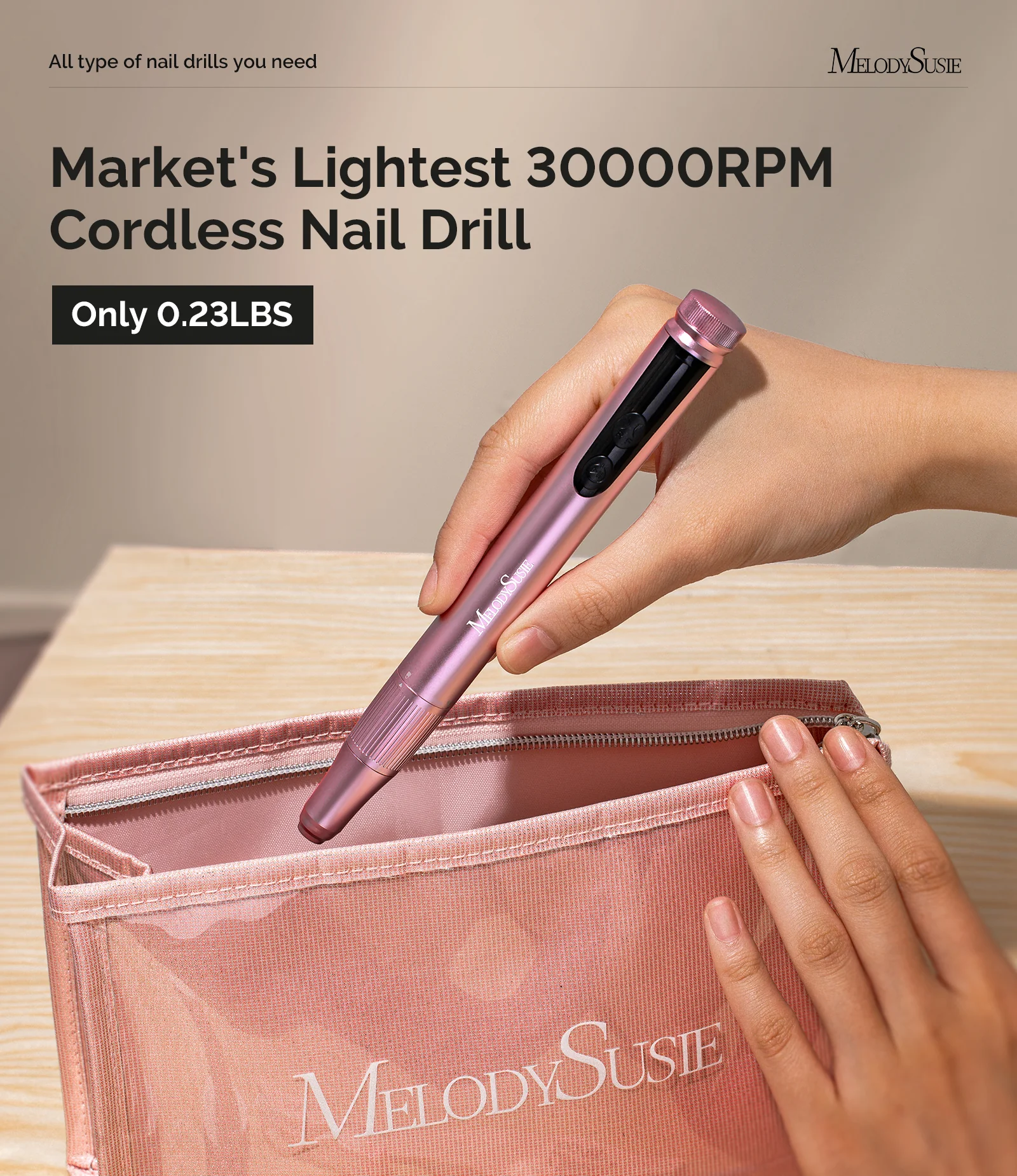 SM180F Pen-Shaped Rechargeable Nail Drill 30,000RPM - Rose Gold - Image 5