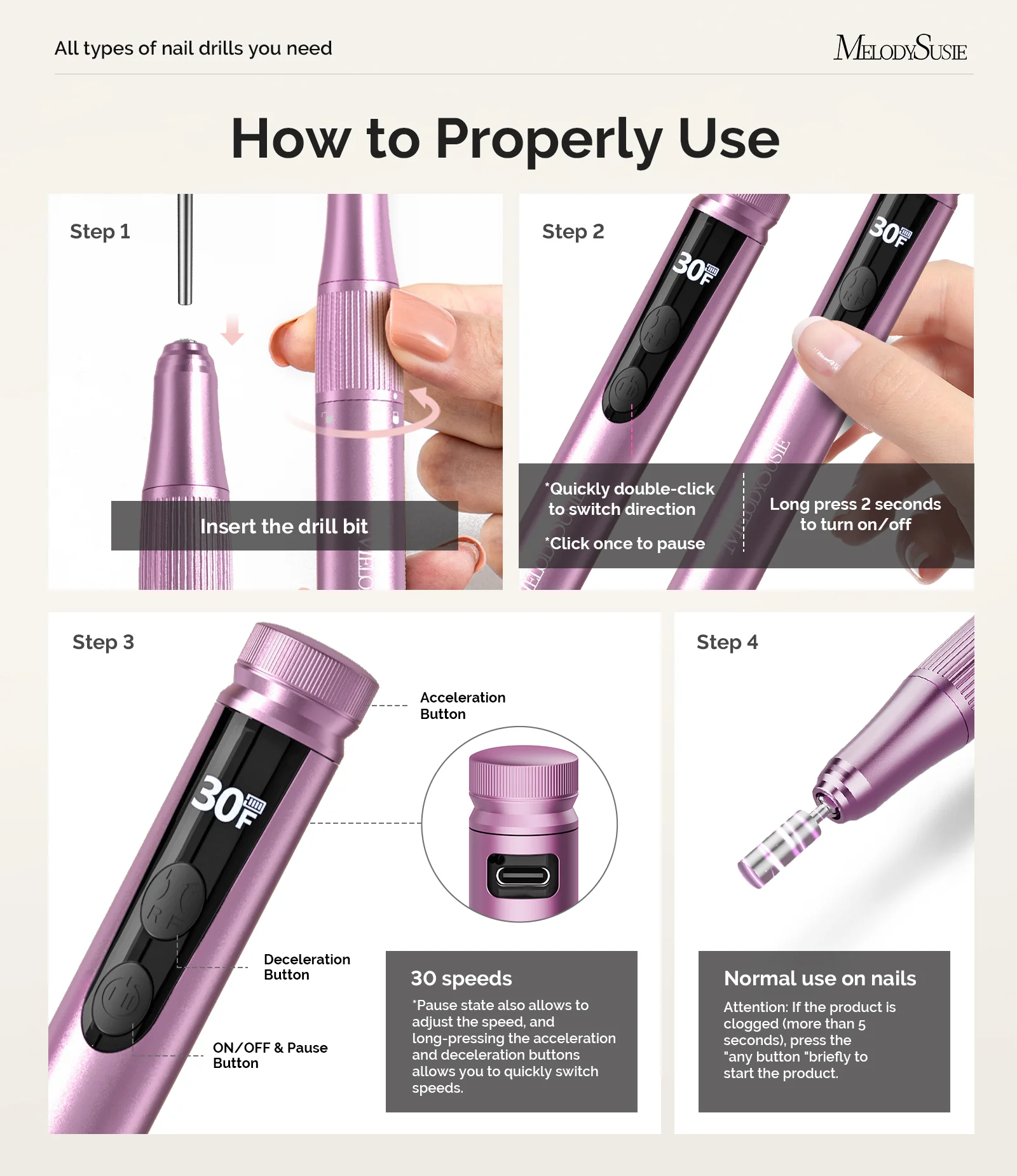 SM180F Pen-Shaped Rechargeable Nail Drill 30,000RPM - Rose Gold - Image 7
