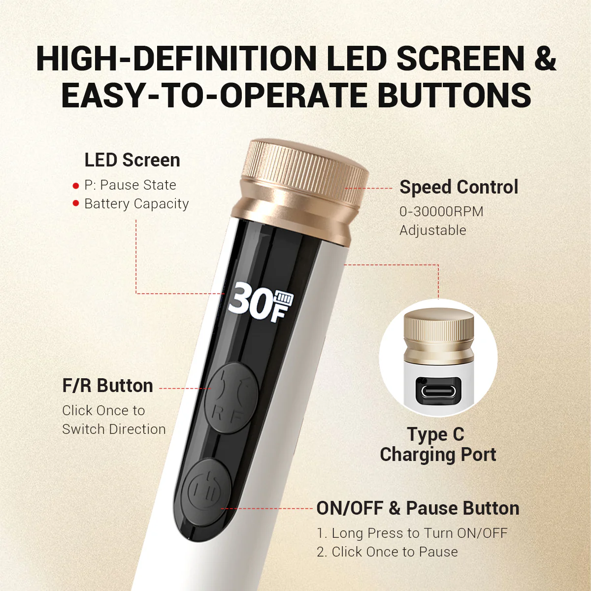 SM180F Portable & Stepless Speed Rechargeable Nail Drill 30000RPM - Image 5