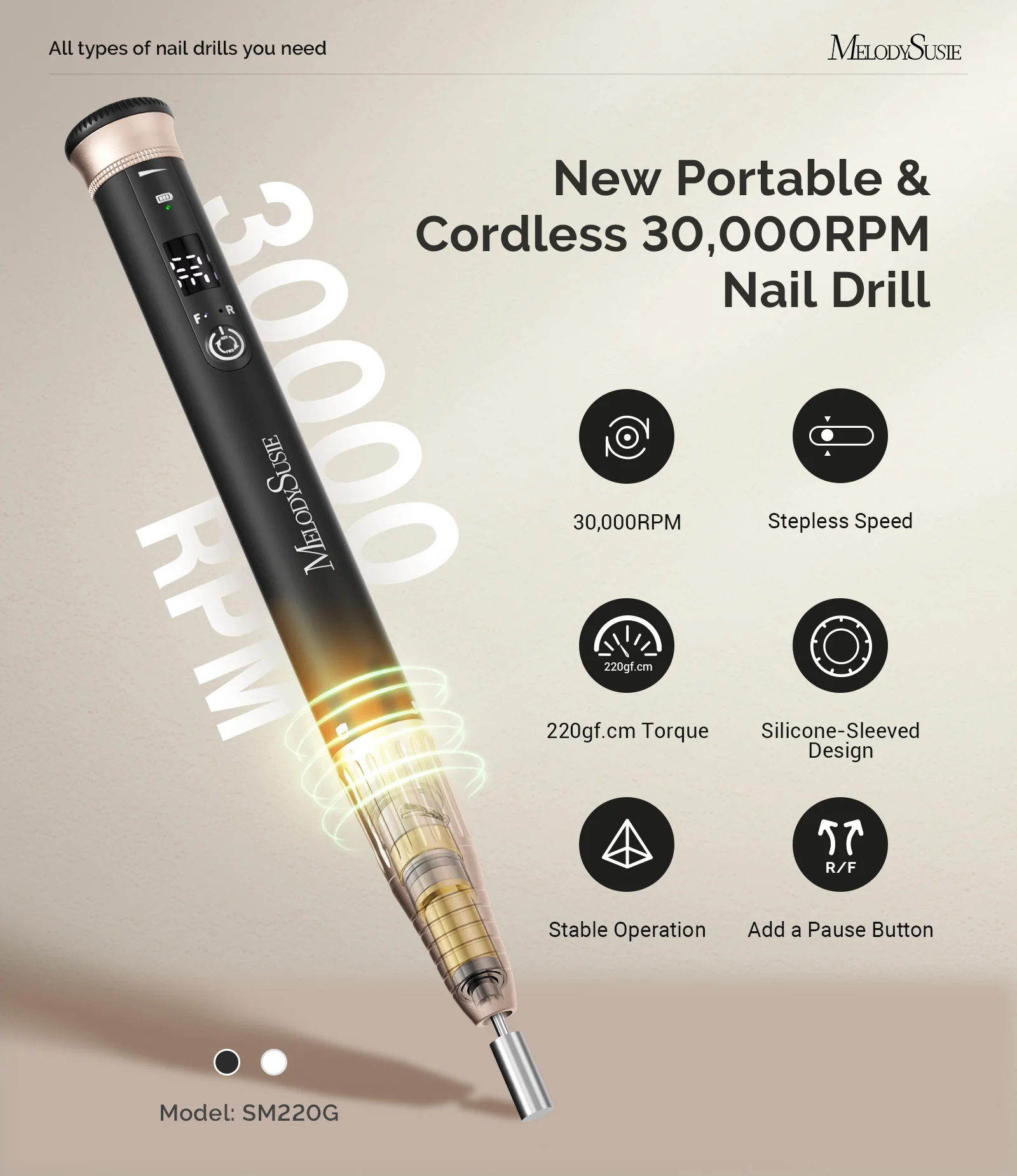 SM220G Pen-Shaped Rechargeable Nail Drill 30,000RPM - Black - Image 2