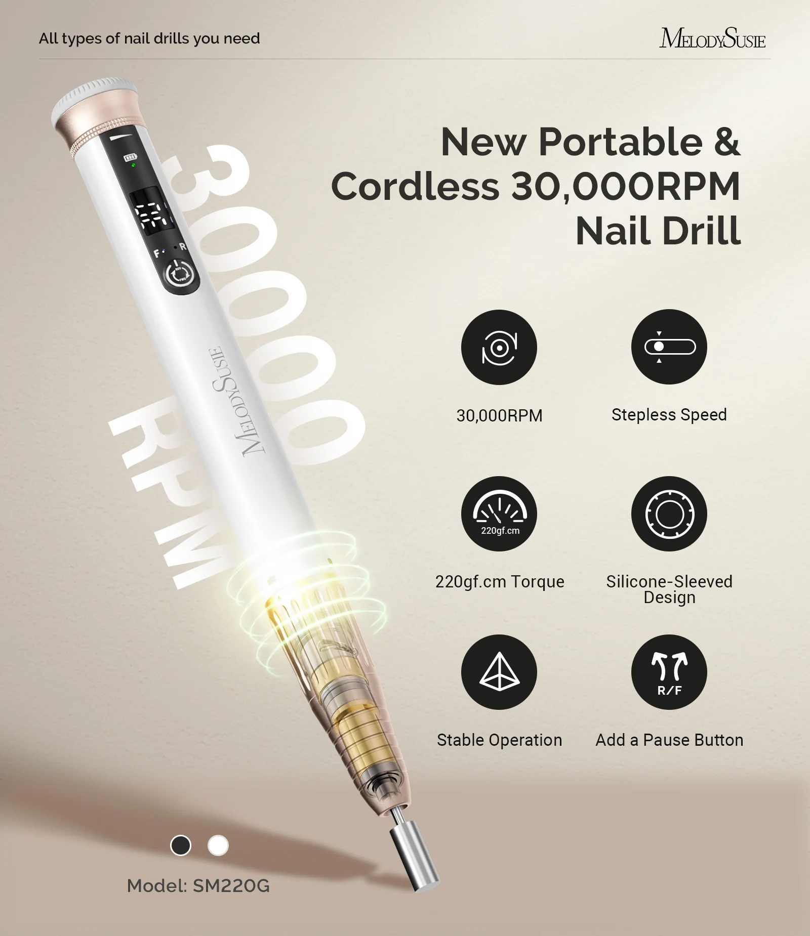 SM220G Pen-Shaped Rechargeable Nail Drill 30,000RPM - White - Image 2
