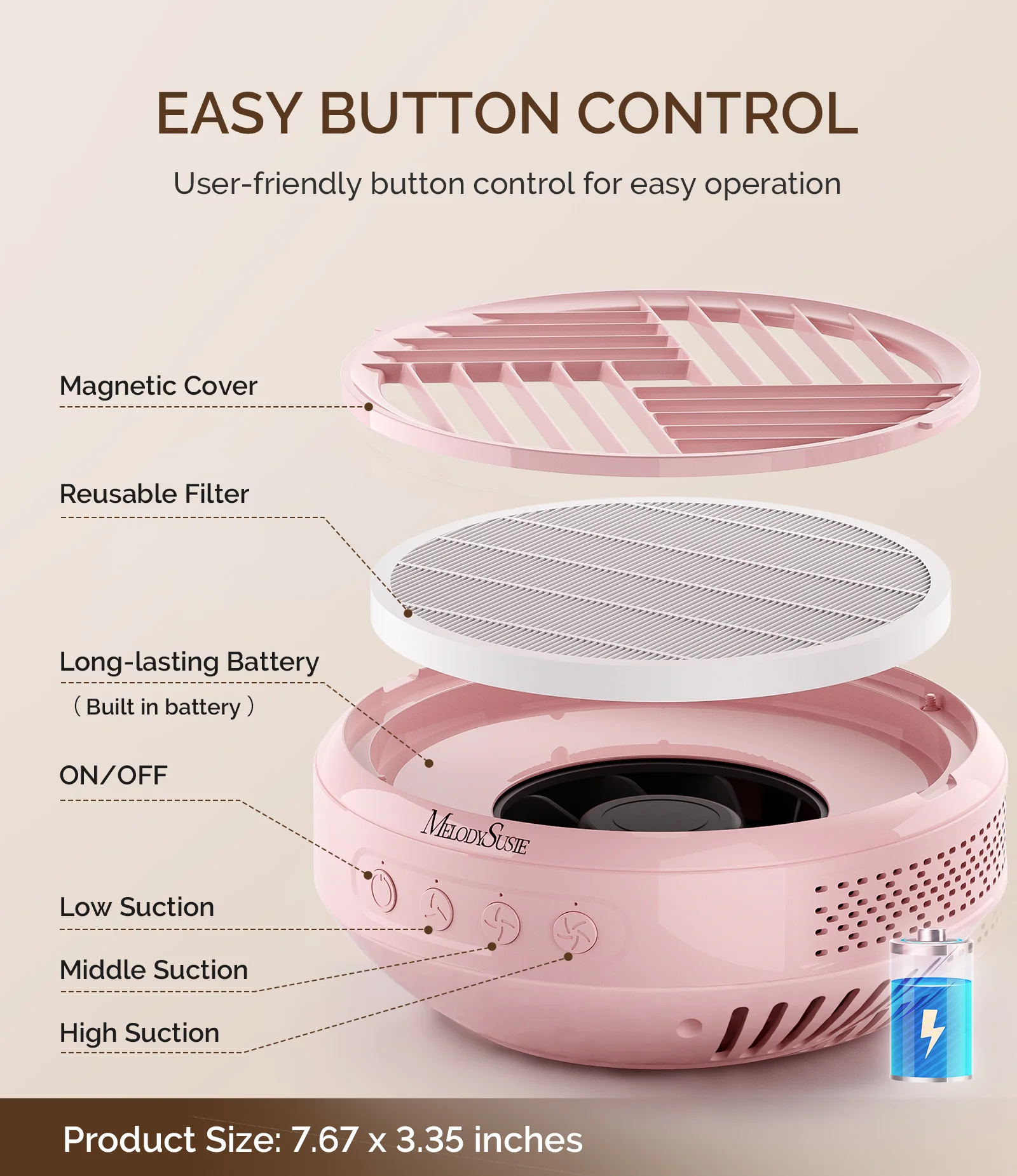 SProR Cordless & Rechargeable Nail Dust Collector - Pink - Image 6