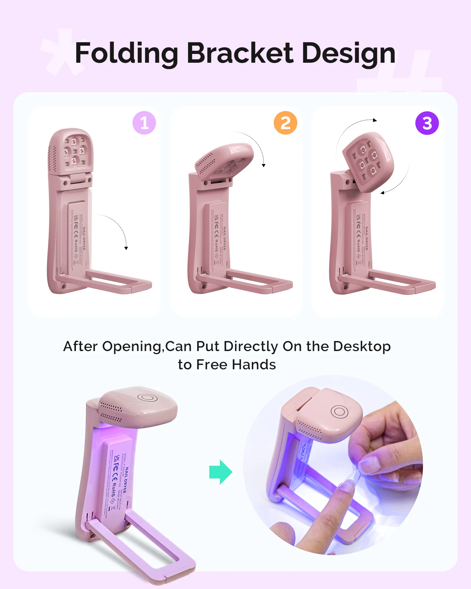 P-ART09F Foldable & Standable 2-in-1 Design LED/UV Nail Lamp - Pink - Image 5